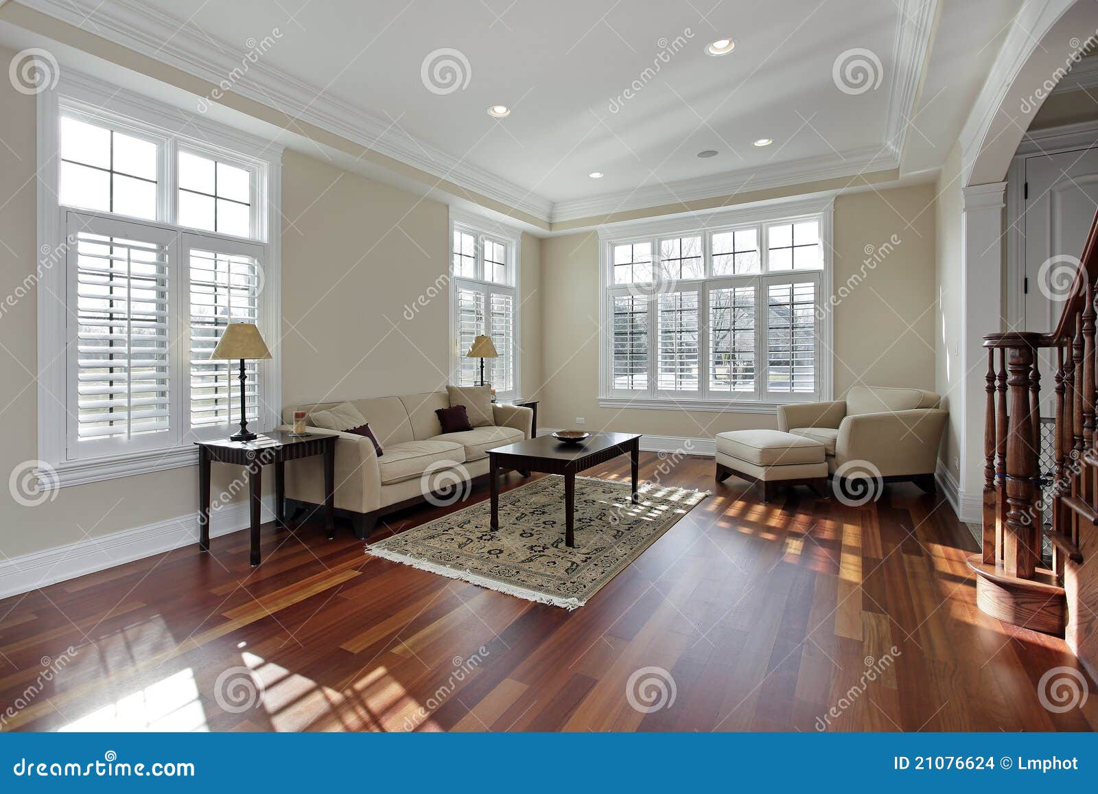 Living Room with Cherry Wood Flooring Stock Photo   Image of ...