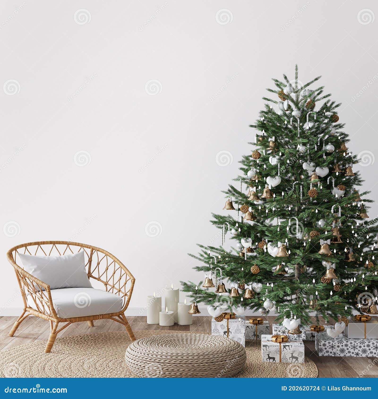 living room christmas interior in scandinavian style. christmas tree with gift boxes