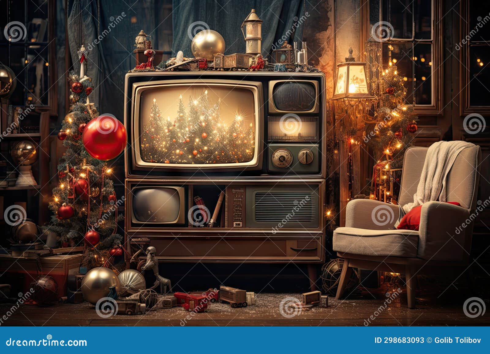 A Living Room with a Christmas Tree and a Tv Stock Illustration
