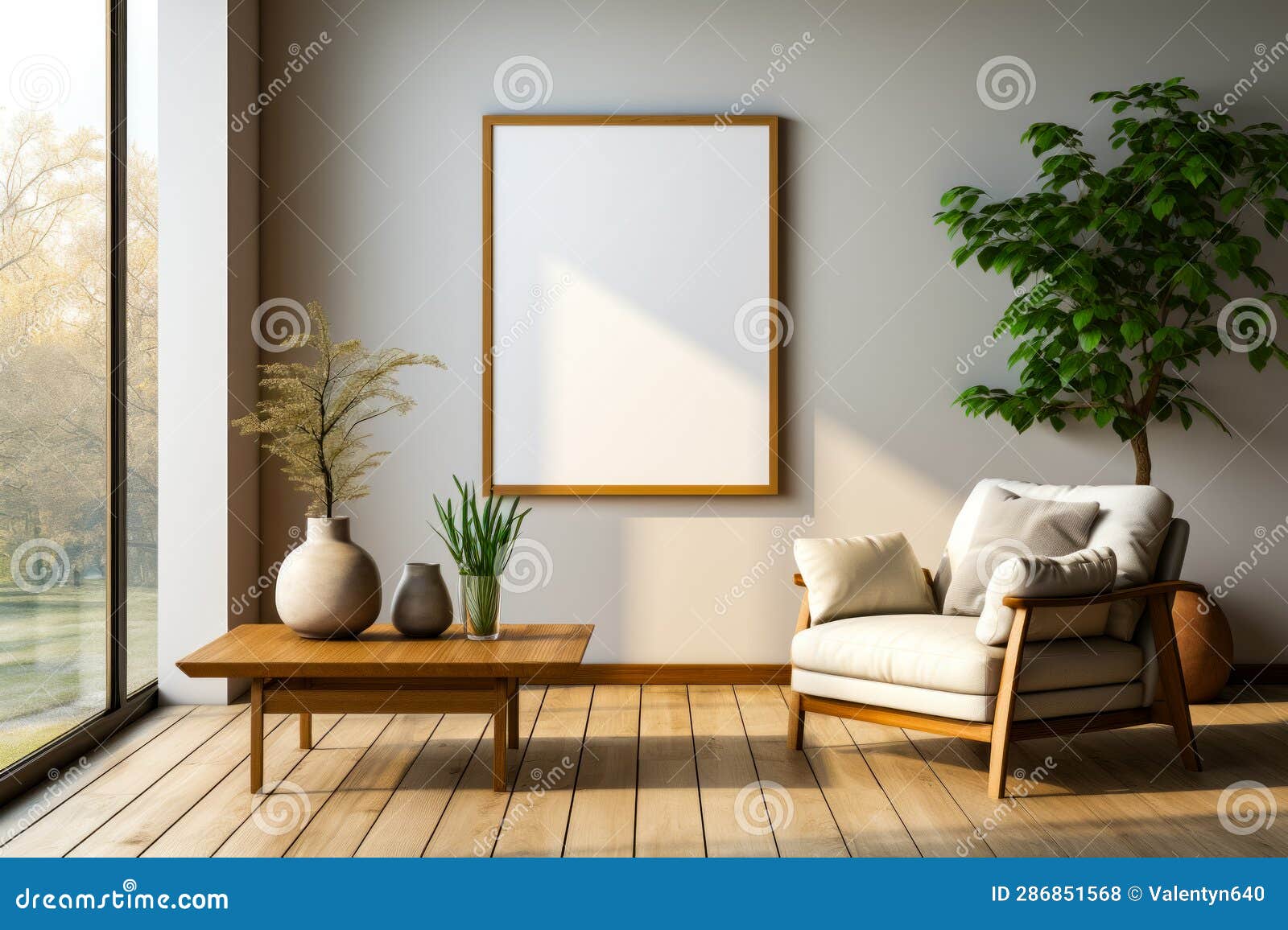 Living Room with Couch, Coffee Table and Picture Frame. Generative AI