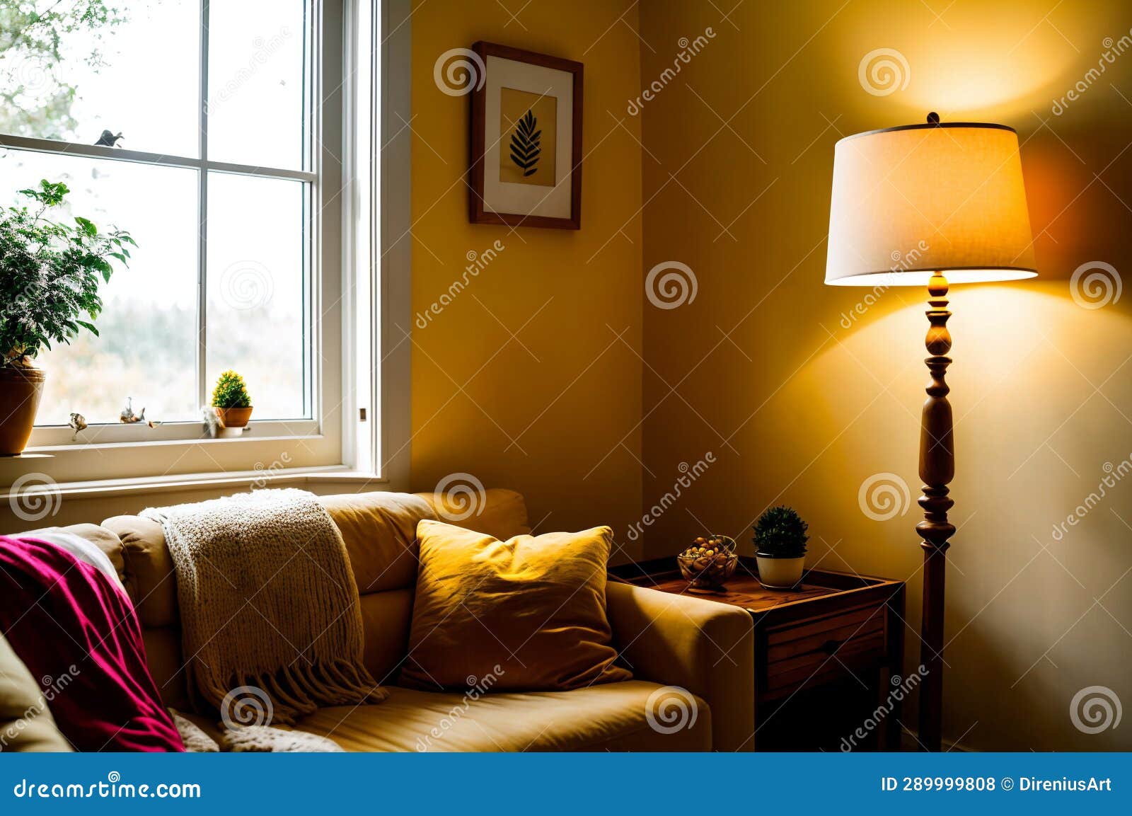 a living room with a couch and a lamp on.