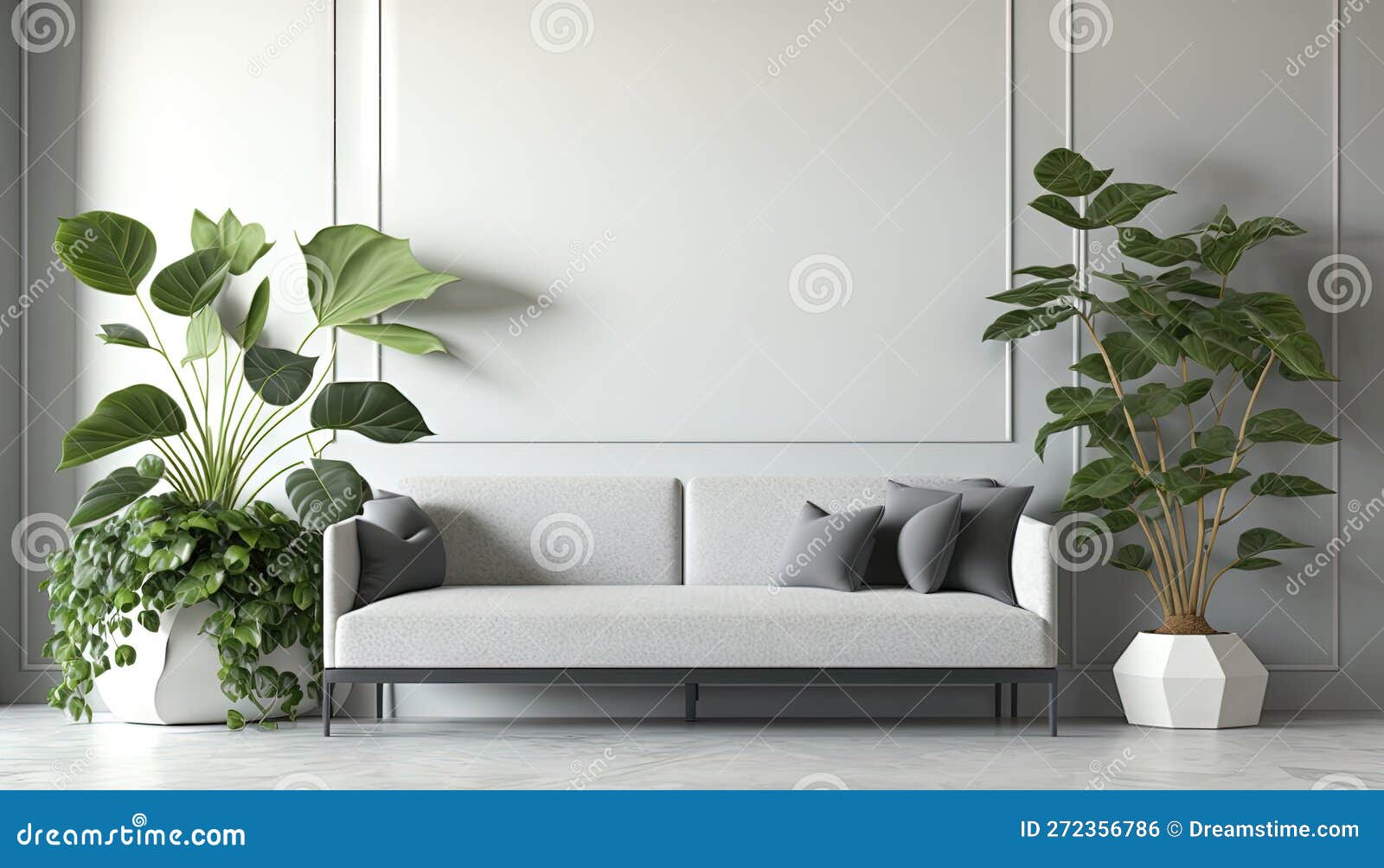 A Living Room with a Couch and a Potted Plant Stock Illustration