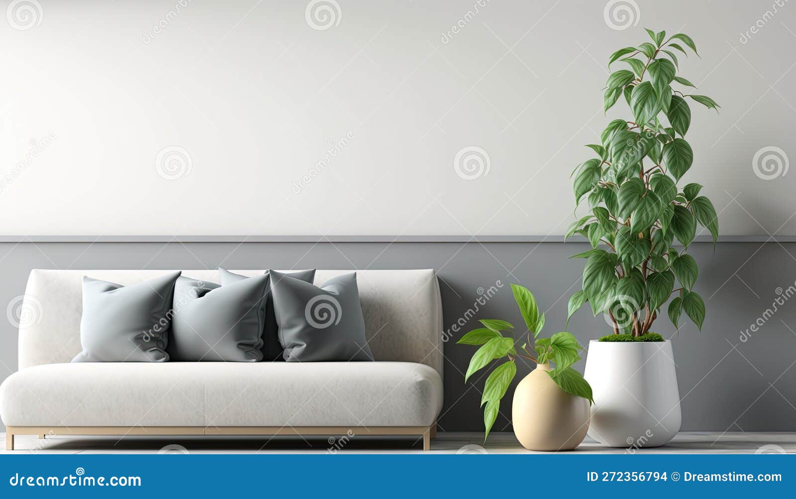 A Living Room with a Couch and a Potted Plant Stock Illustration