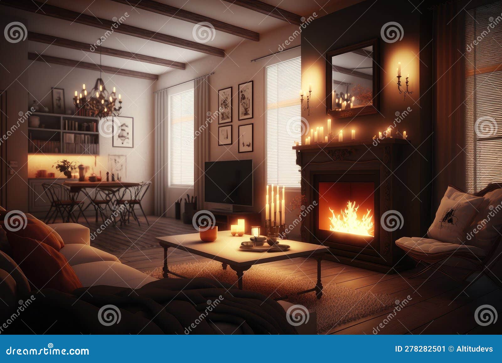 living room with cozy fireplace, flickering flames and warm lighting, creating a relaxing and inviting atmosphere