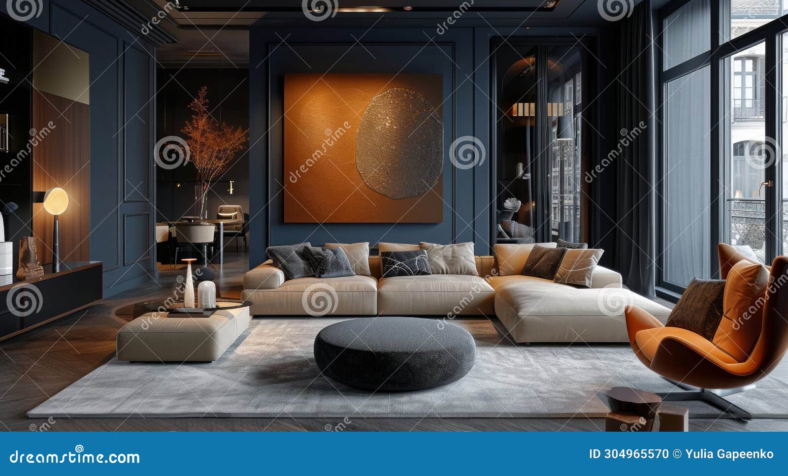 A Living Room with Dark Blue Walls Stock Photo Image of decor, wall