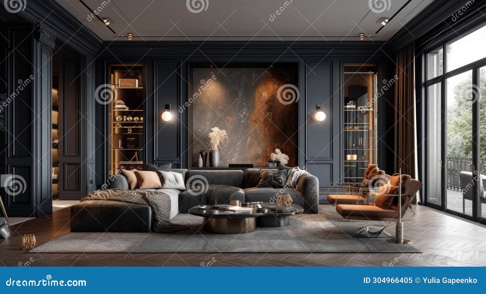 A Living Room with Dark Blue Walls Stock Image Image of poster