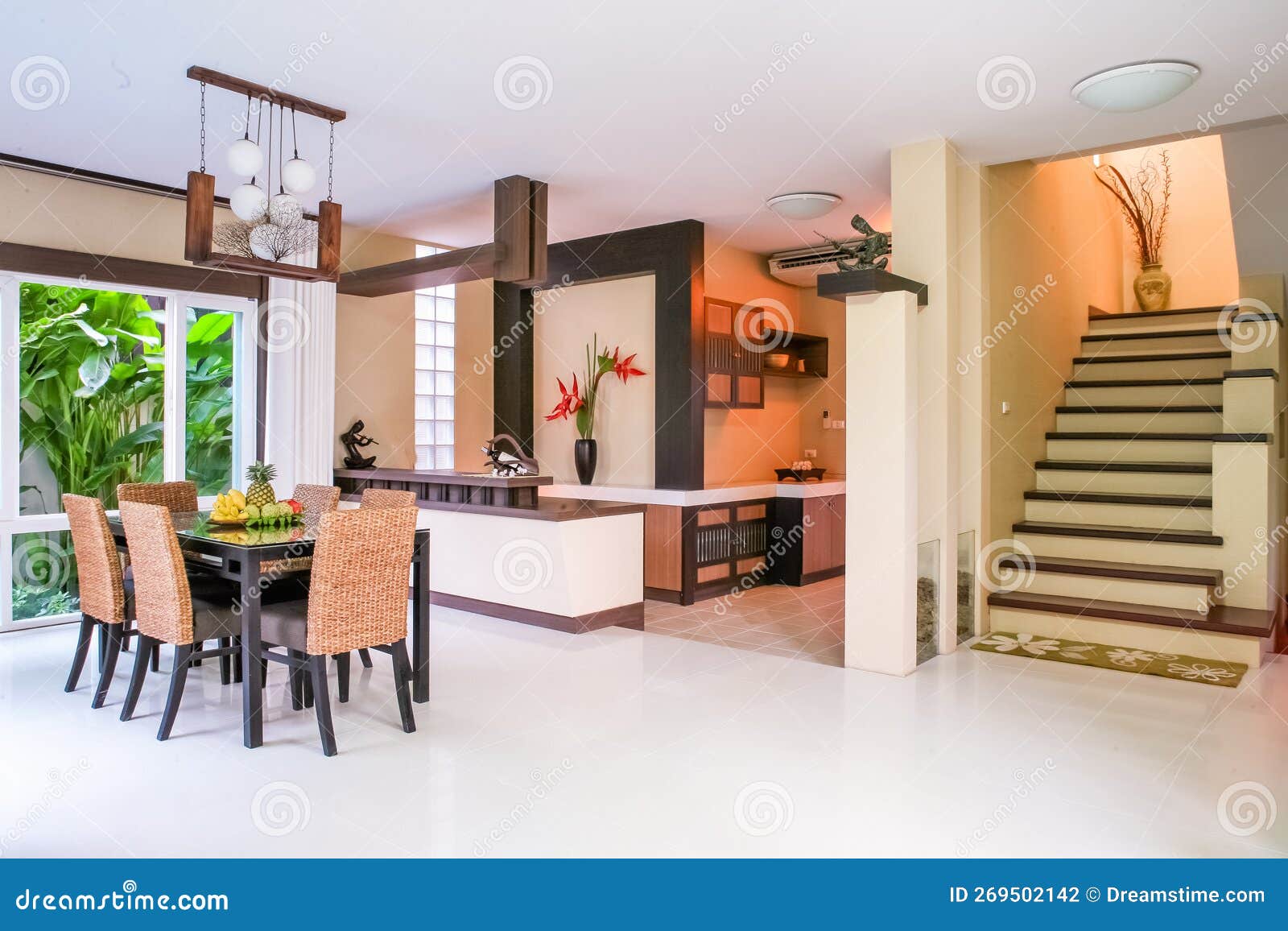 Living Room Design with Modern Sofa Fountain and Frangipani Trees ...
