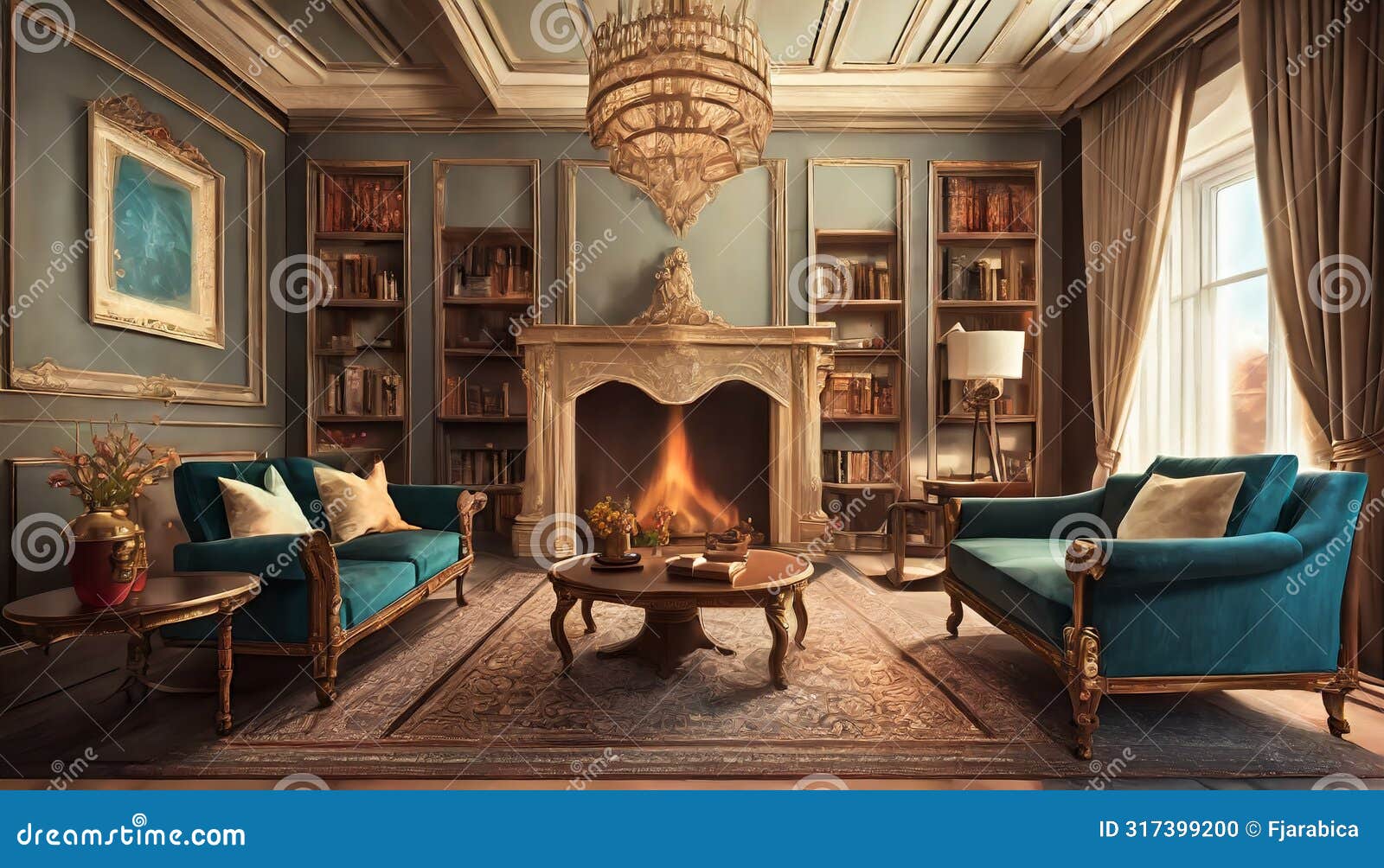 living room with a fireplace and a sofa in the style of romanticism