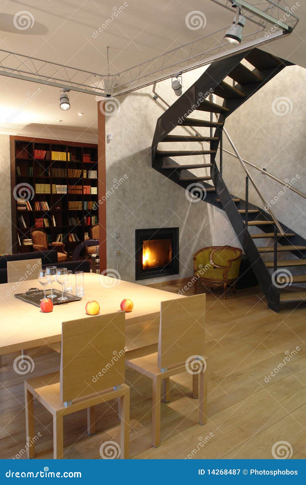 Living Room with Fireplace and Stair Stock Image Image of elegance