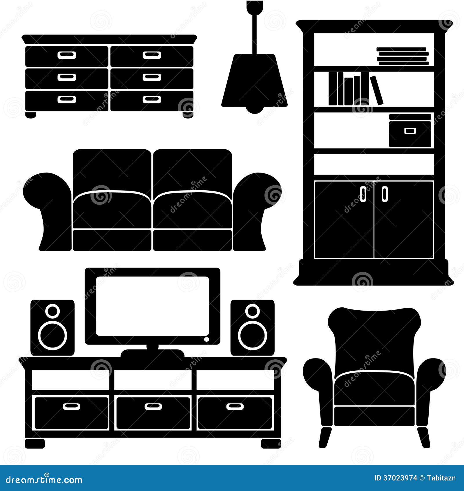 Living Room Furniture Icons Set, Black Isolated S Stock 