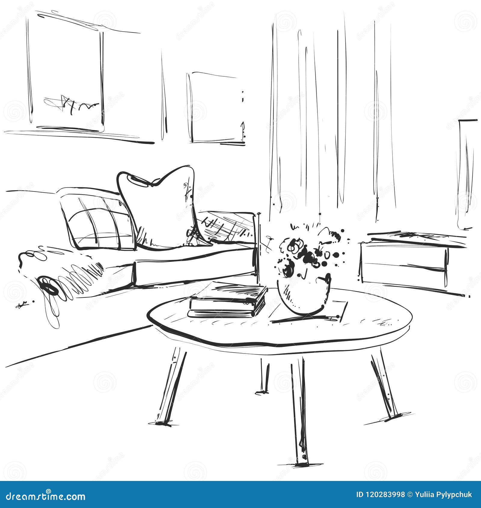 Living Room Graphic Black White Interior Sketch Illustration