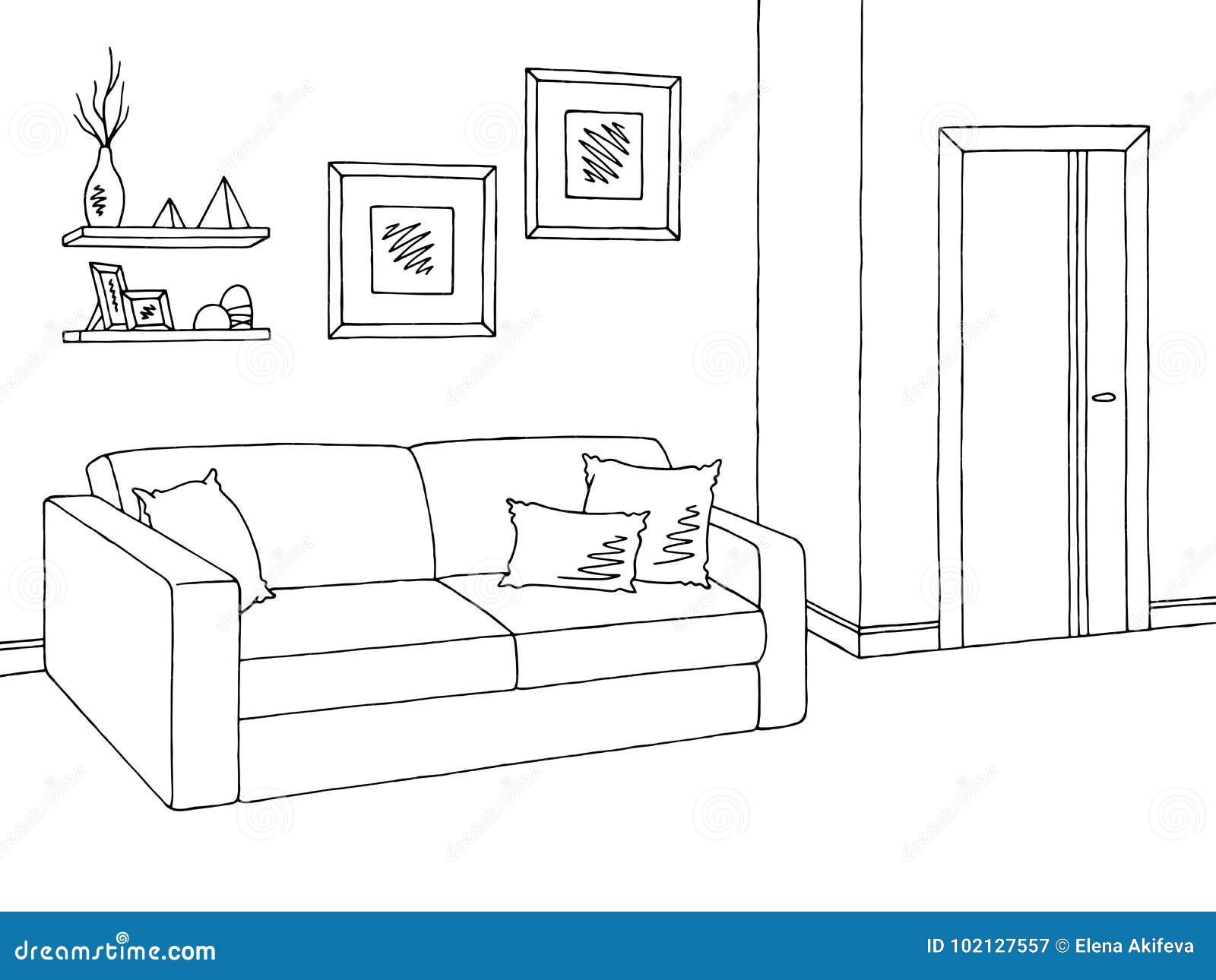 Living Room Graphic Black White Interior Sketch Illustration Vector ...