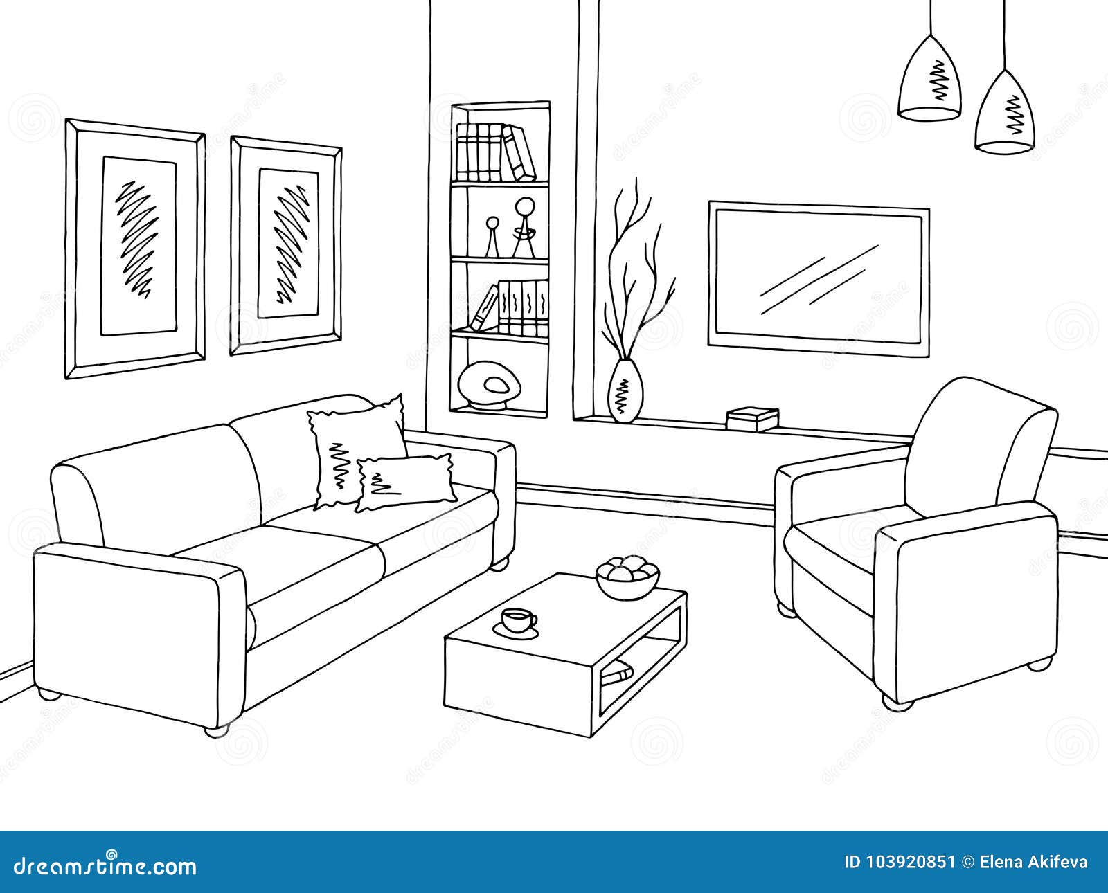 Living Room Graphic Black White Interior Sketch Illustration Vector ...