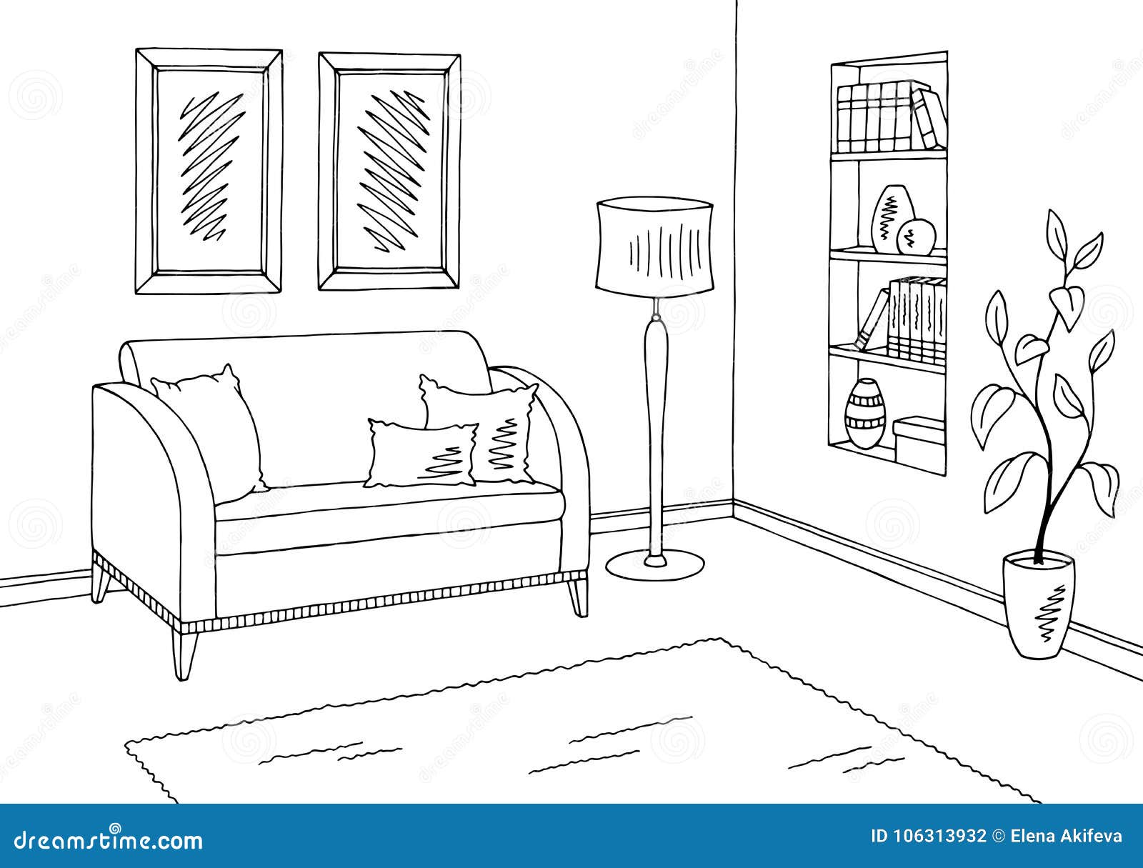 Living Room Graphic Black White Interior Sketch Illustration Vector ...