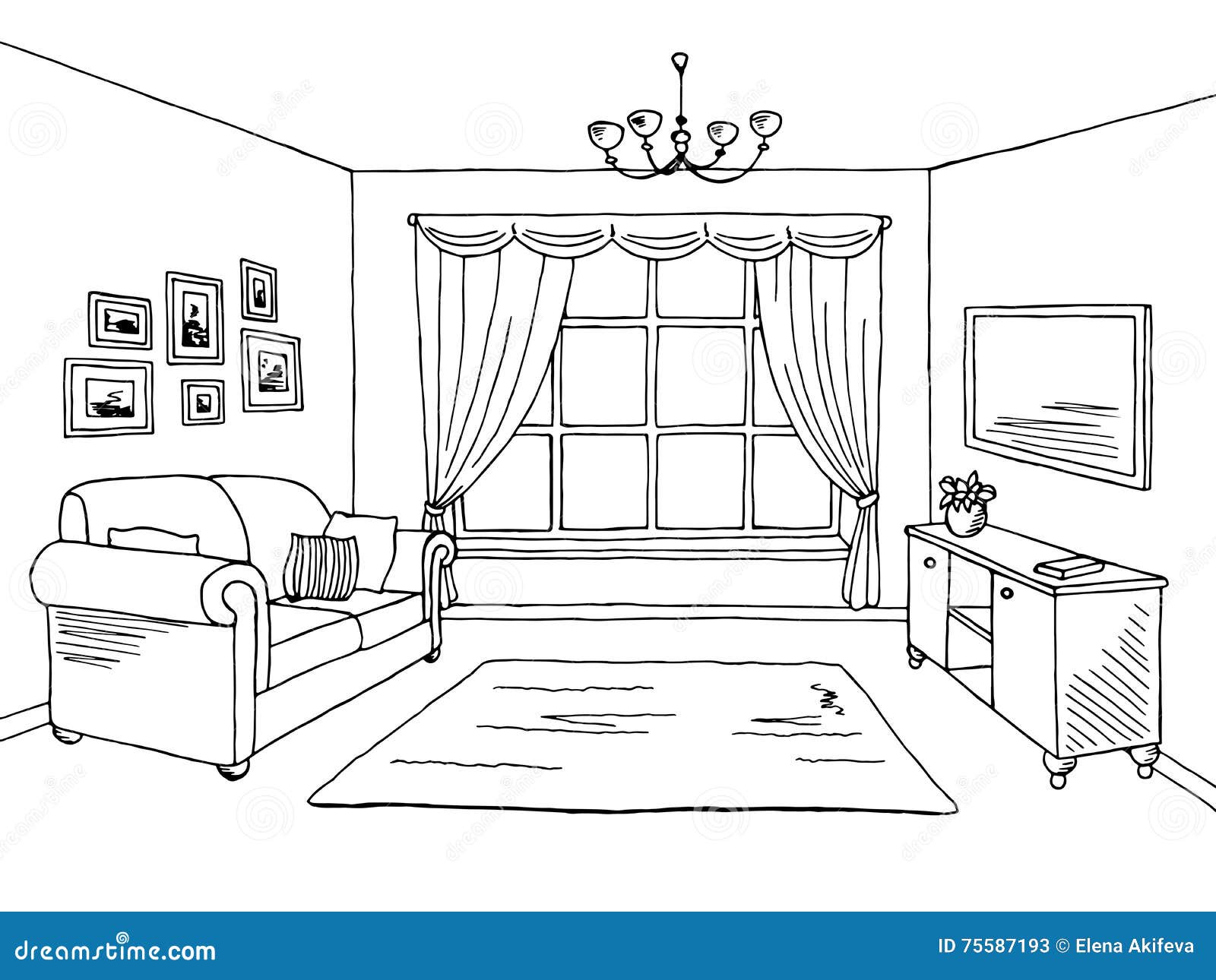 Living Room Graphic Black White Interior Sketch Illustration Stock