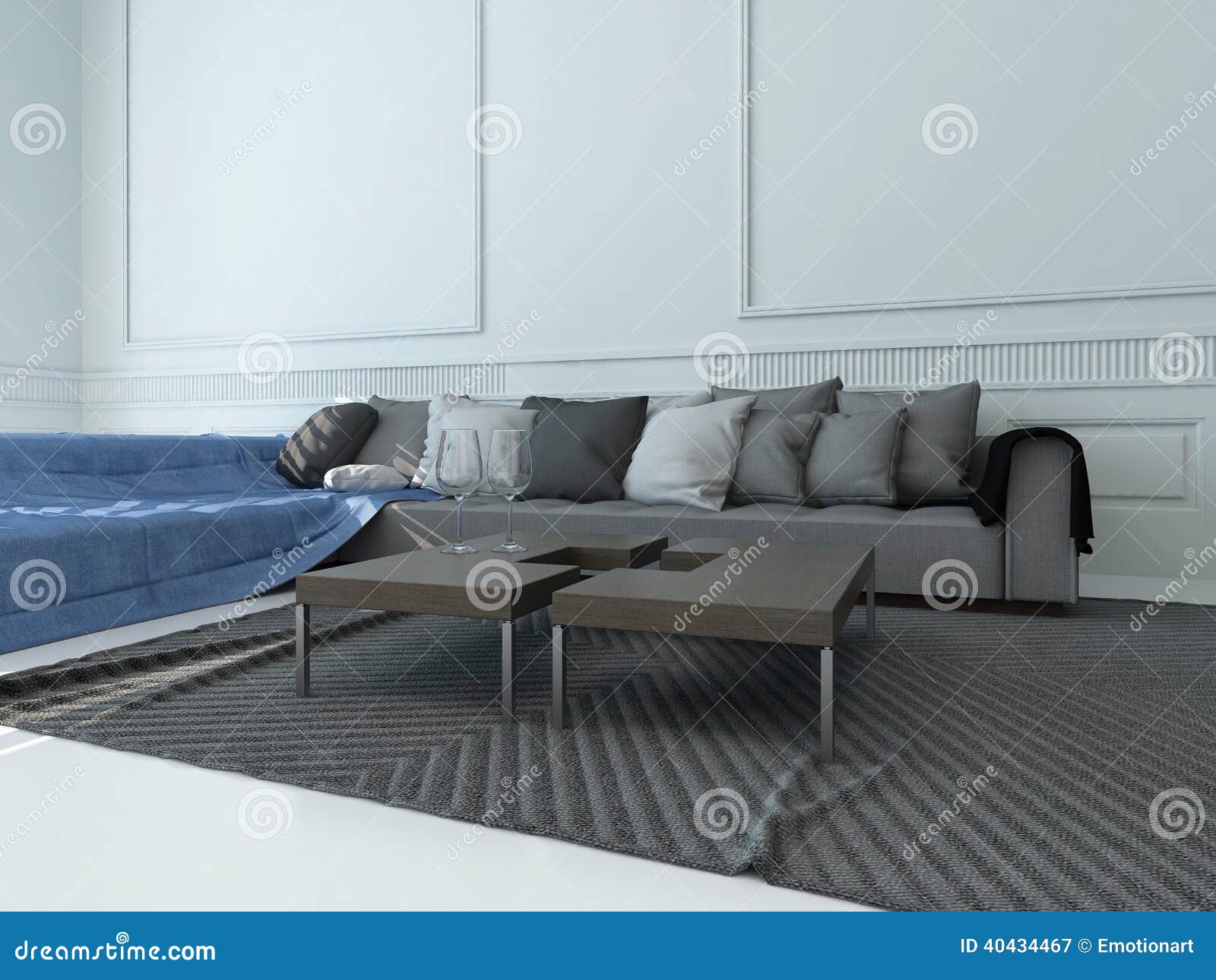 Living Room With Gray Couch Against White Wall Stock Illustration