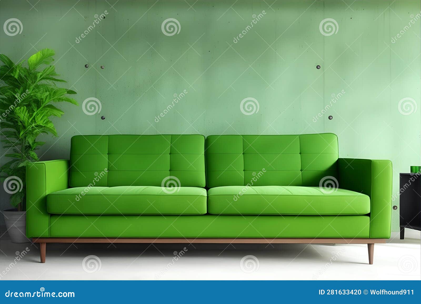 Living Room with Green Sofa and Decoration Room on Empty Concrete Wall ...