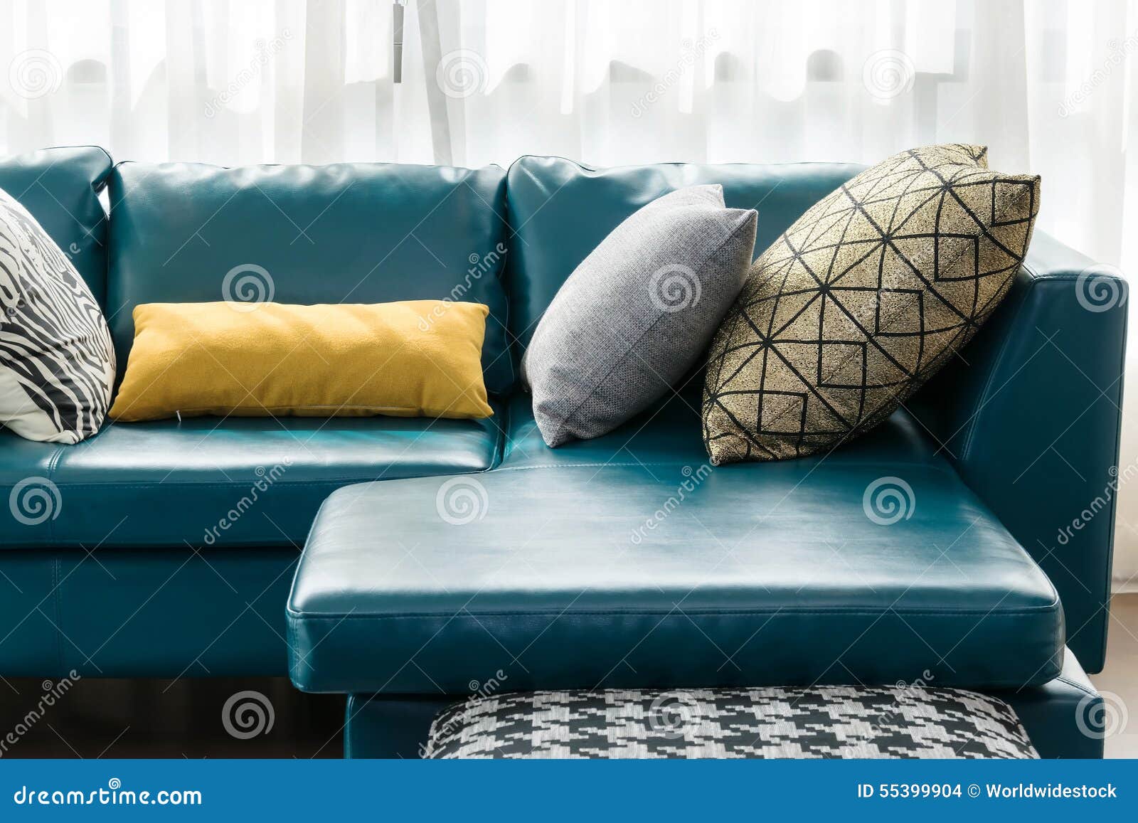 Living Room with Green Sofa and Pillows Stock Photo Image of clean