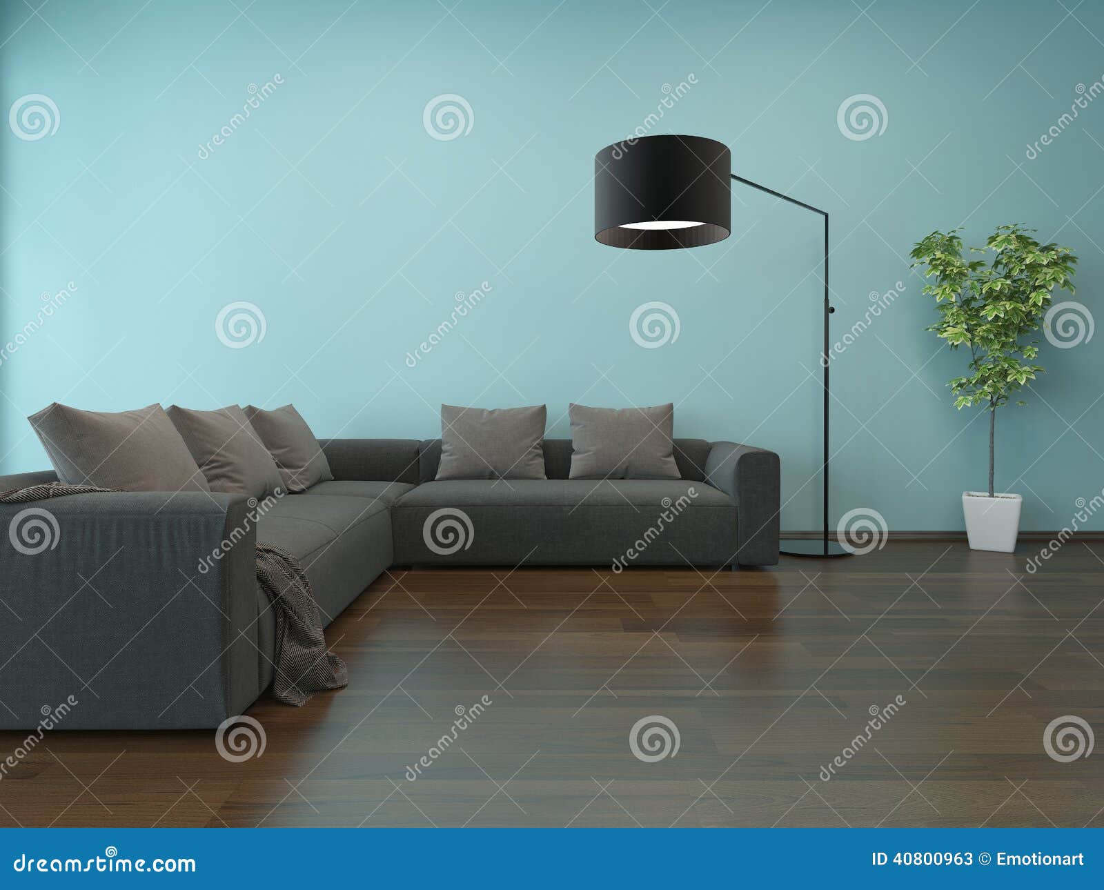 Living Room Interior with Blue Wall and Gray Couch Stock Illustration