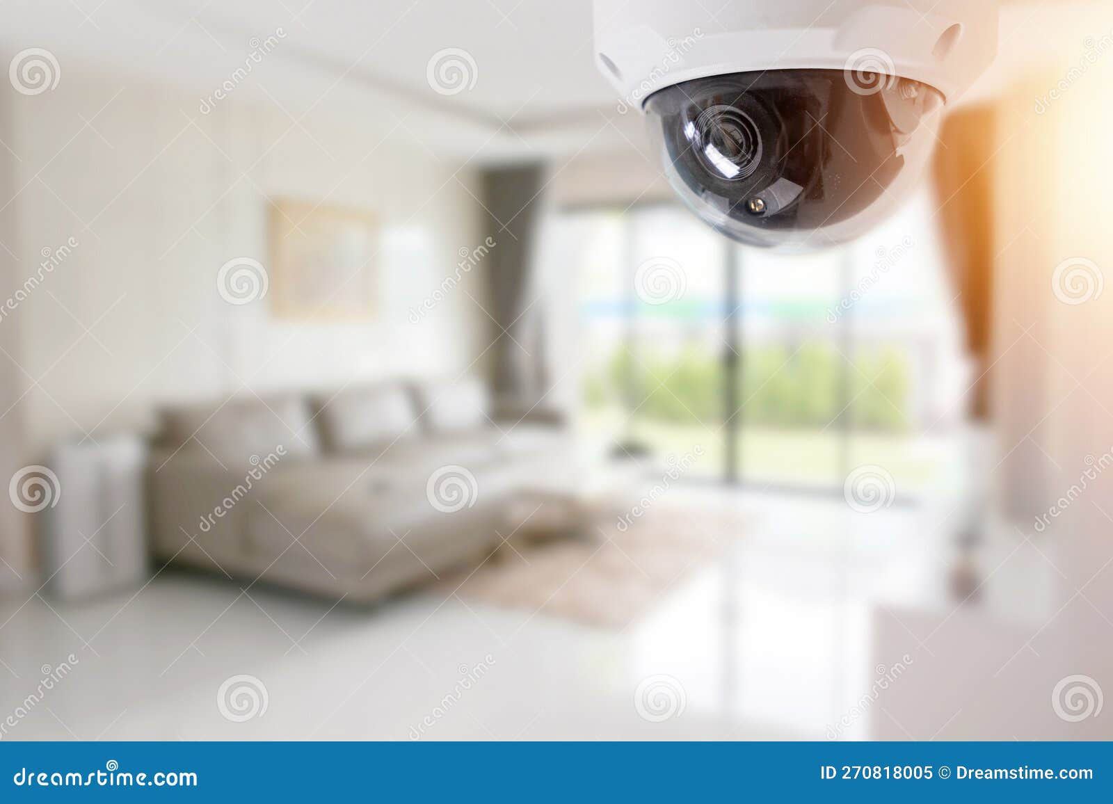 Living Room Interior with Comfortable Sofa, View through CCTV Security Camera Stock Image