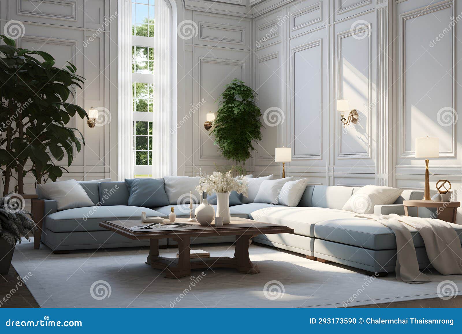 Living Room Interior Design, Luxury Blue Corner Sofa by Generative AI Stock Photo Image of