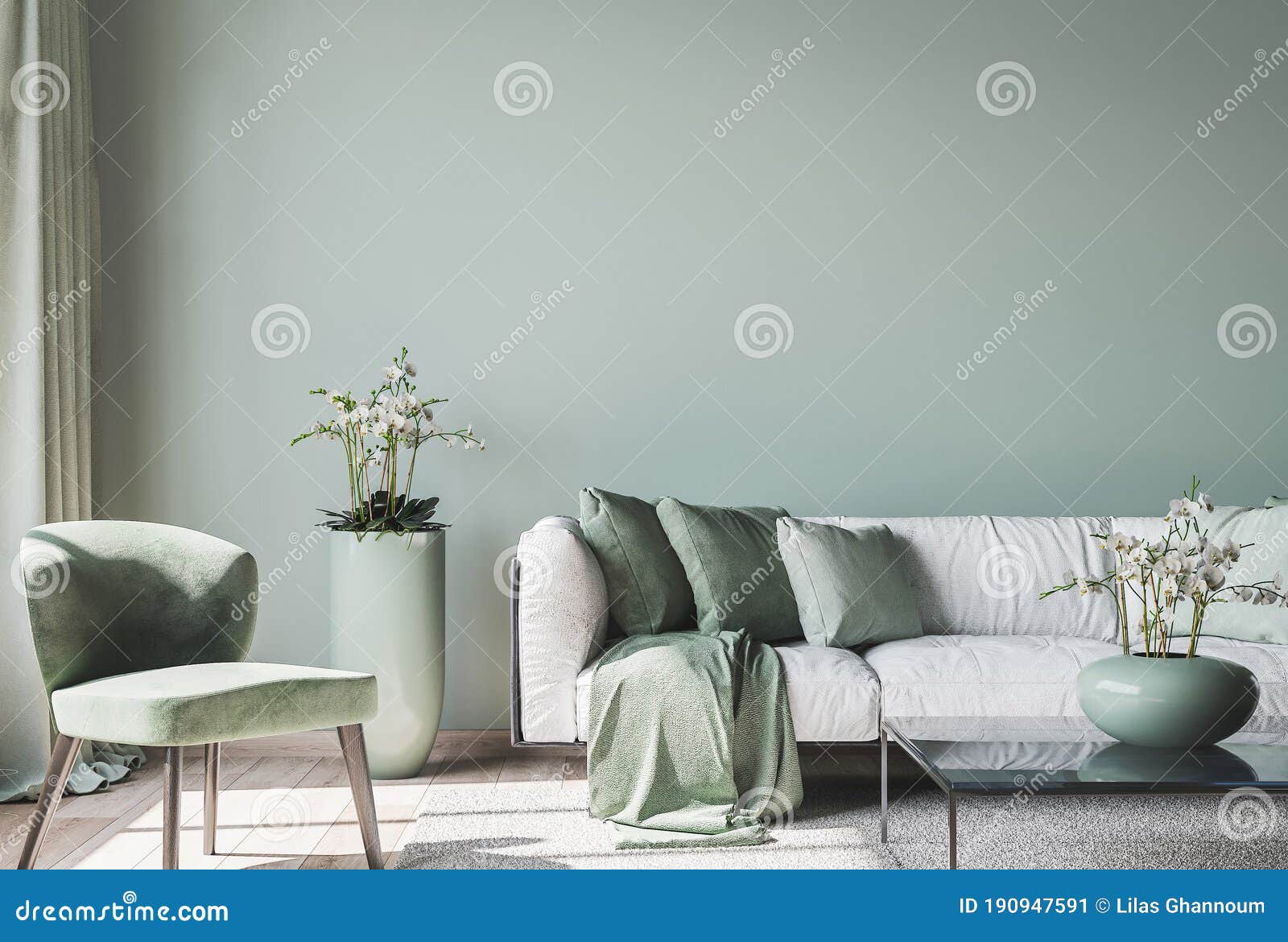 living room interior with frame mock up, modern furniture and trendy home accessories