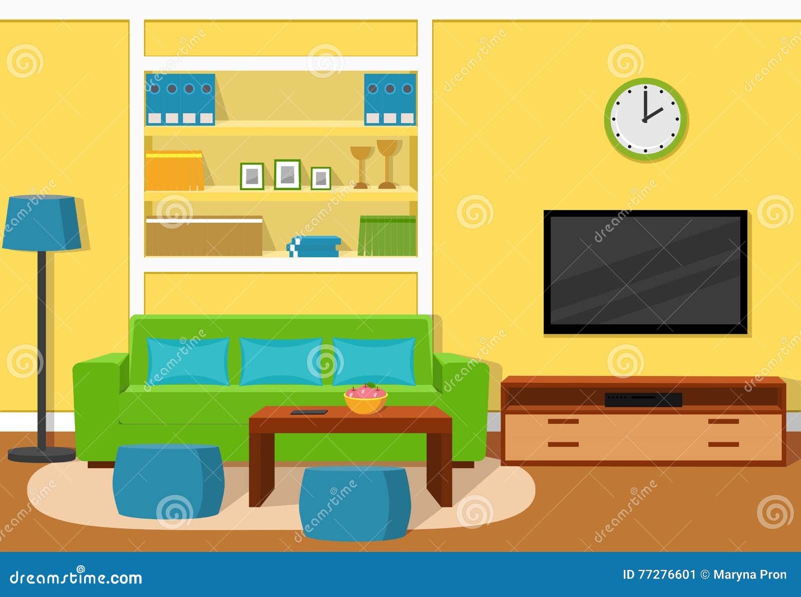 Living Room Interior With Green Sofa Vector Illustration Stock