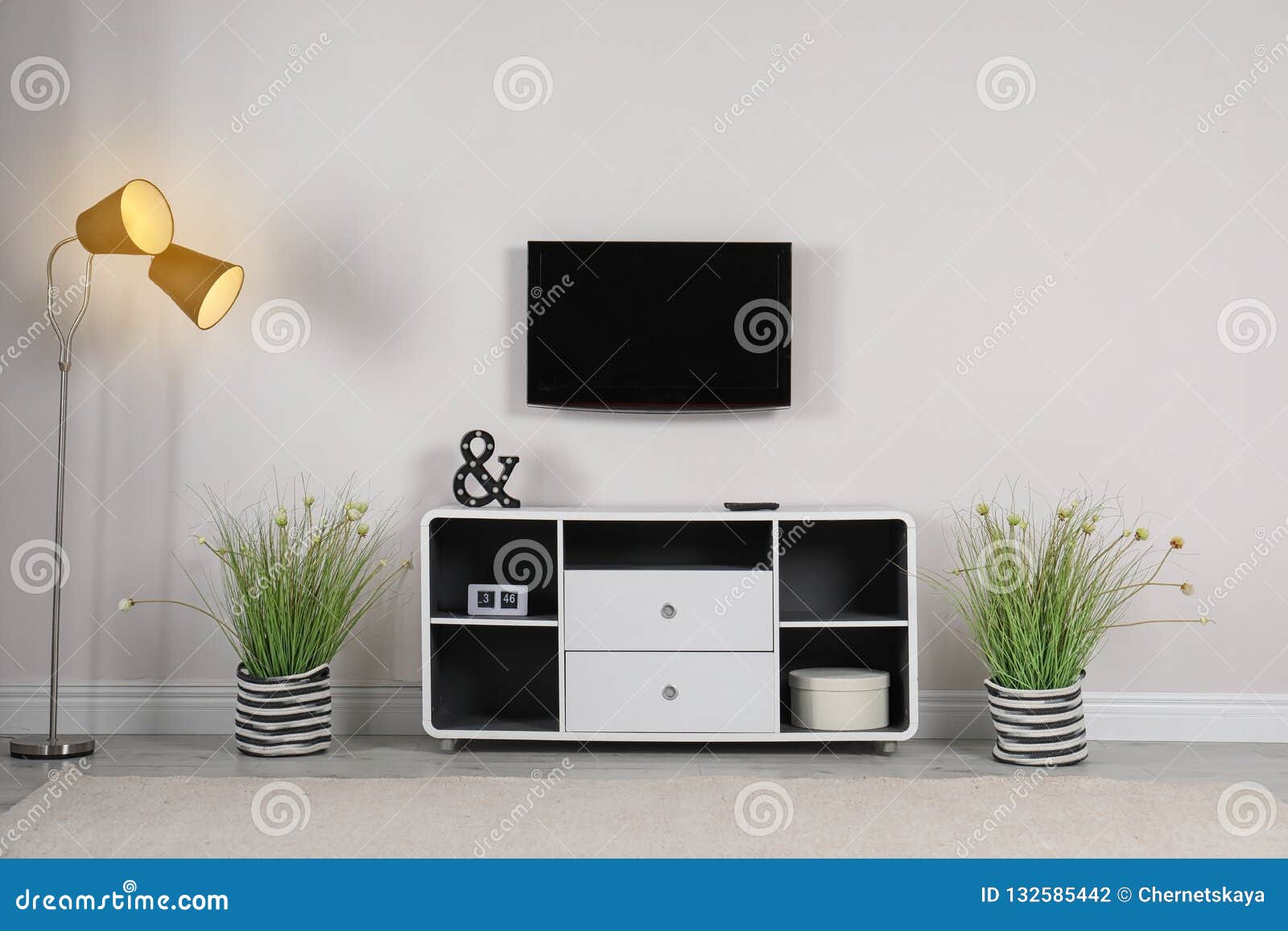 Living Room Interior with Plasma TV on Wall Stock Photo Image of