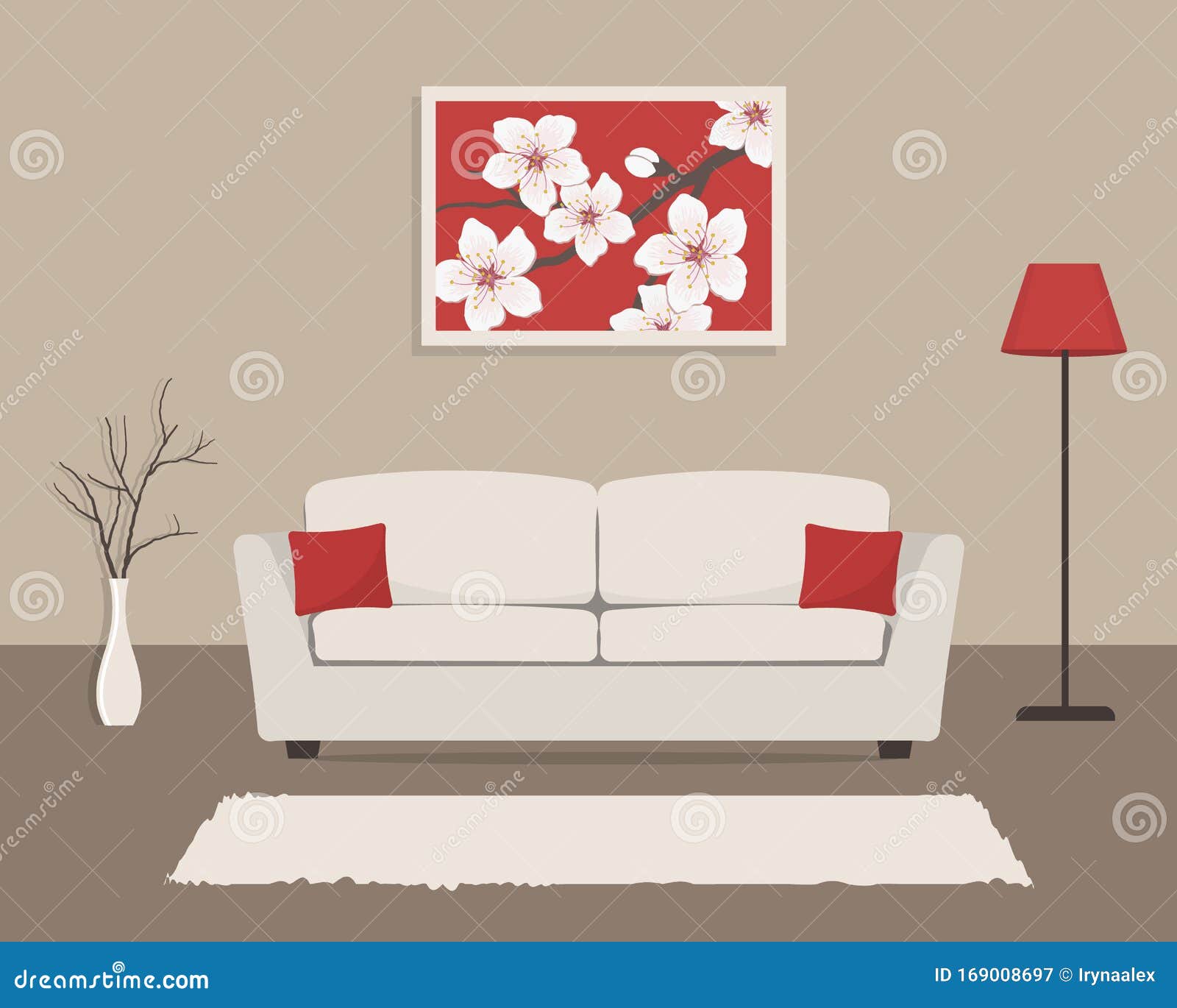 Living Room Interior In Red And Beige Colors There Is A Sofa With
