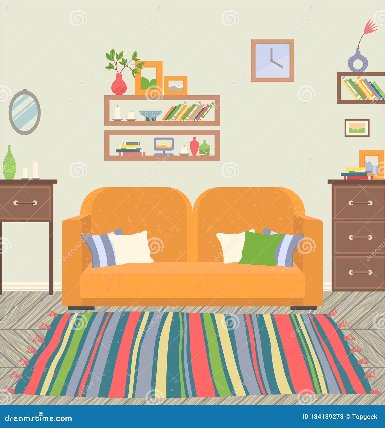 Living Room Interior Sofa and Carpet Decoration Stock Vector