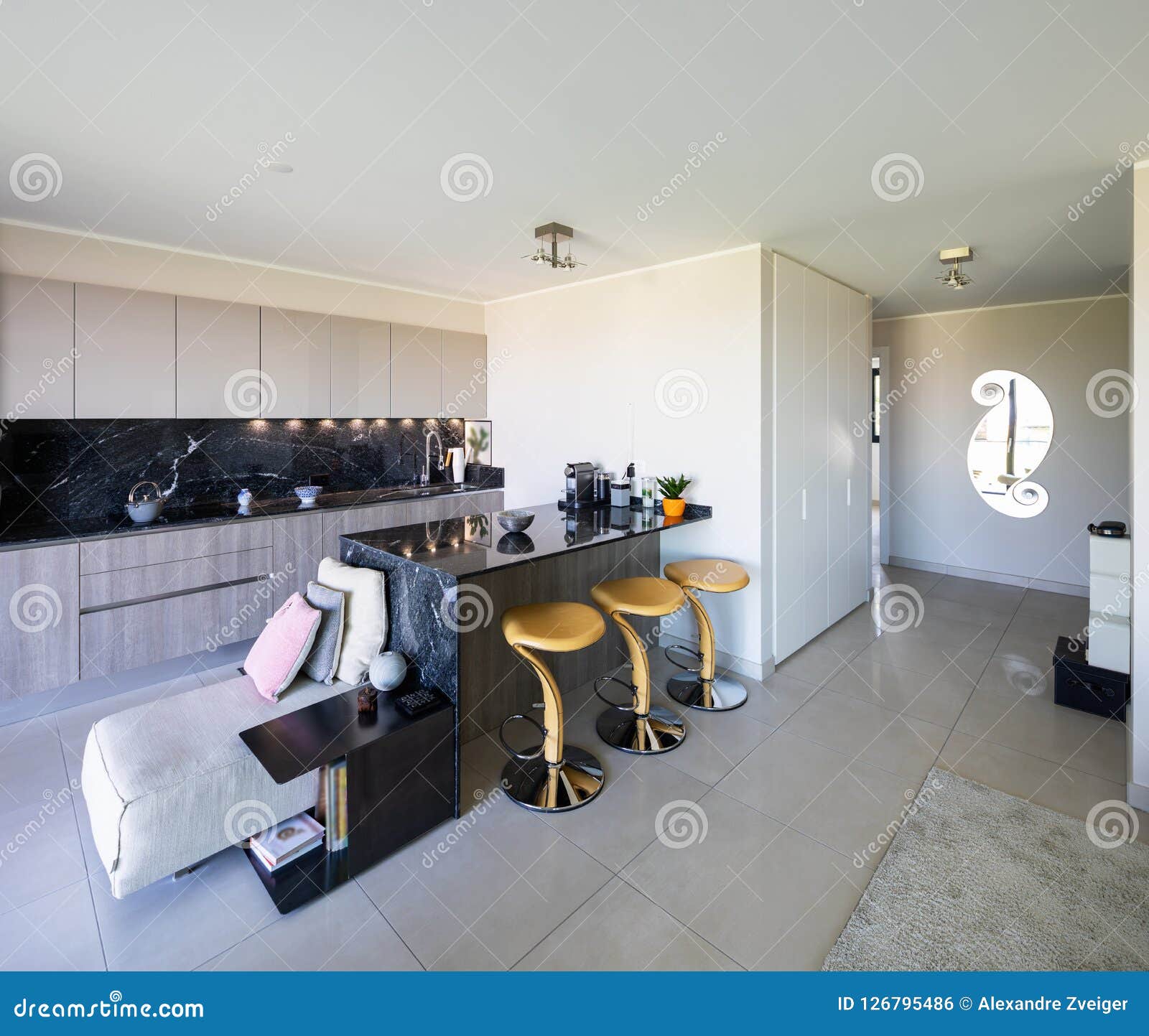 Living Room and Kitchen in Open Space, Modern Apartment Stock Photo