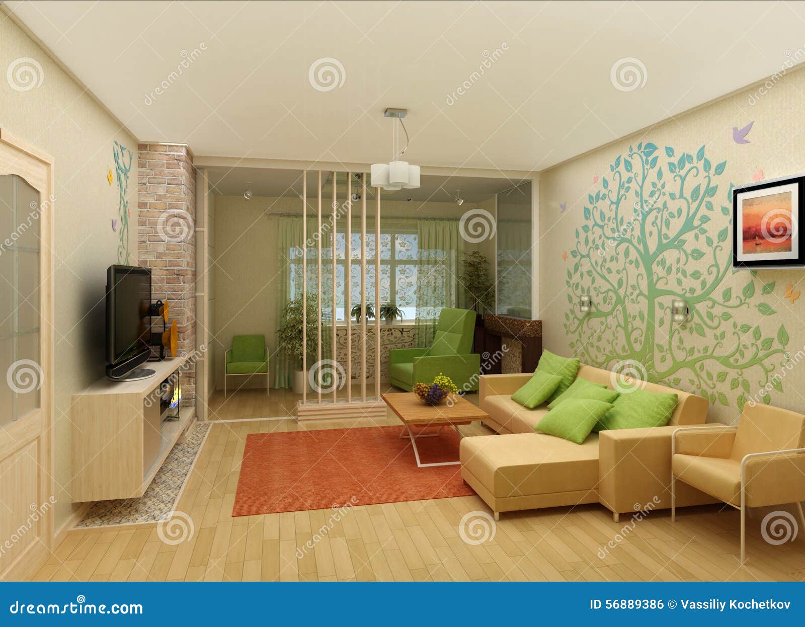 Living Room with Landscape View, 3D Interior Stock Photo Image of