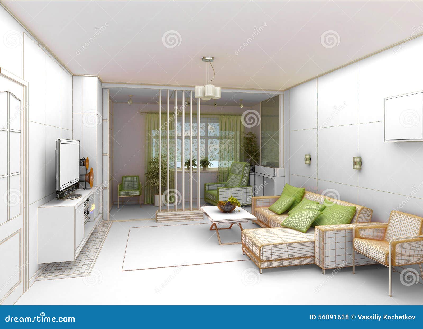 Living Room with Landscape View, 3D Interior Stock Photo Image of