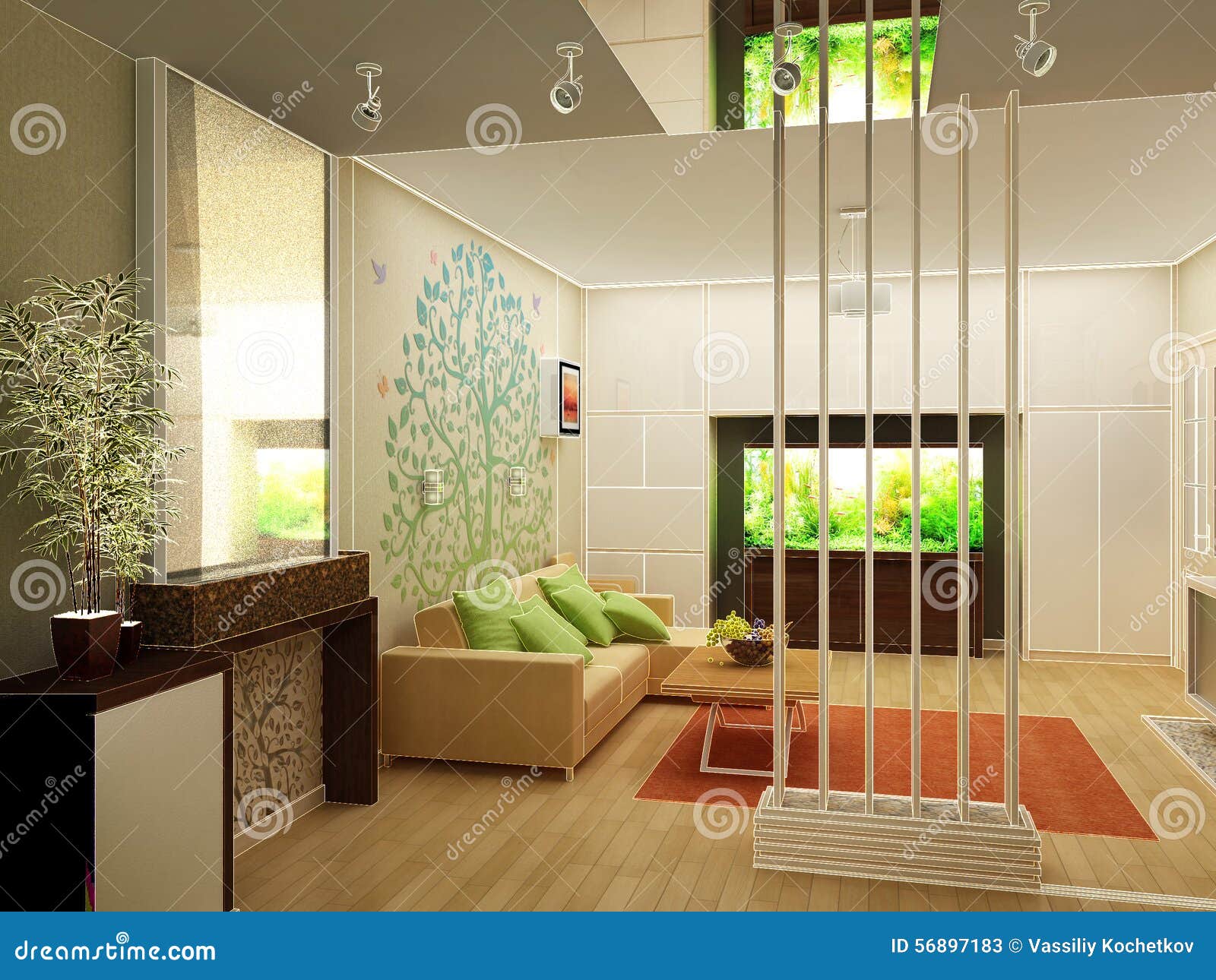 Living Room with Landscape View, 3D Interior Stock Image Image of