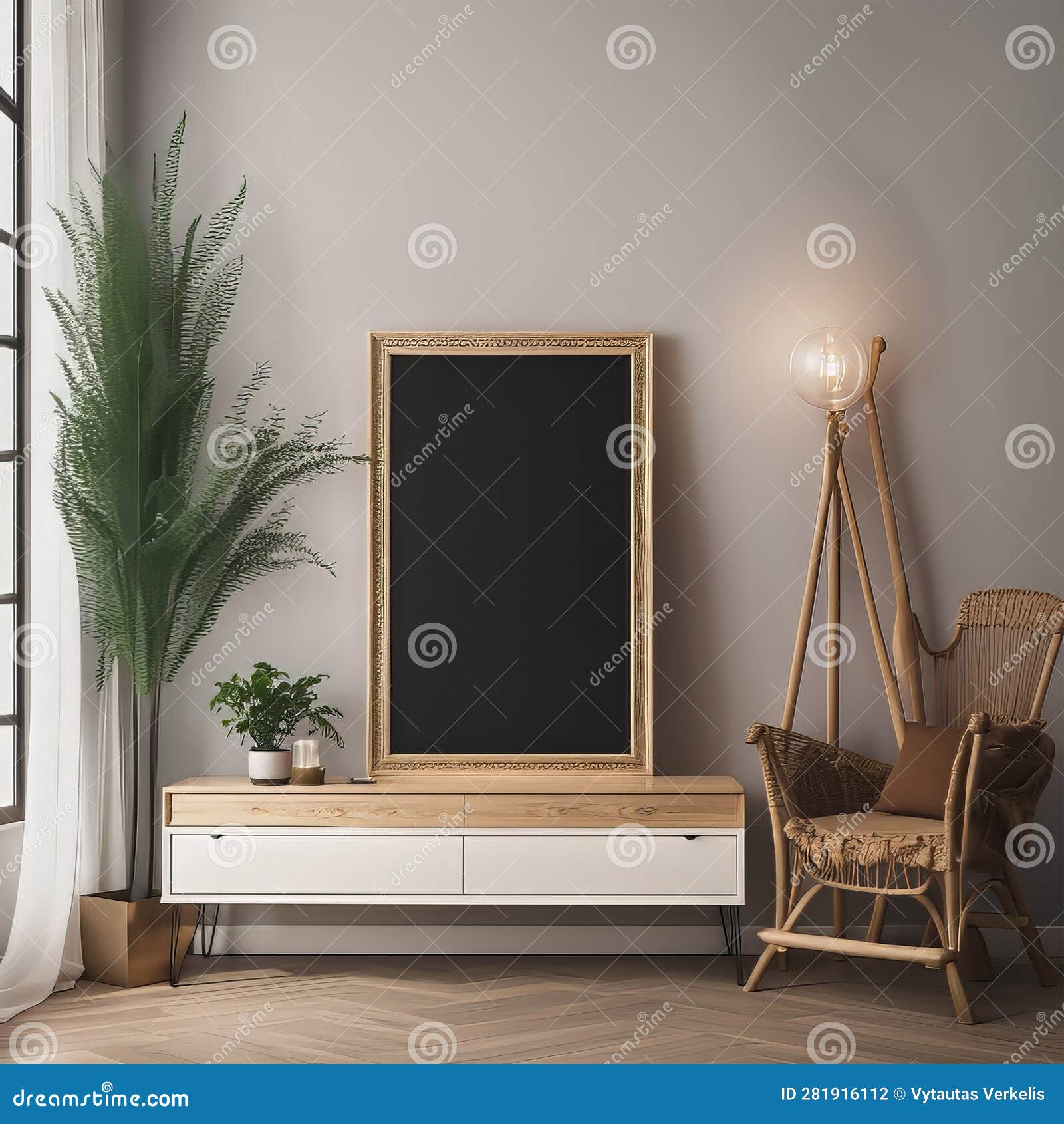A Living Room with a Large Picture Frame on the Wall Stock Illustration