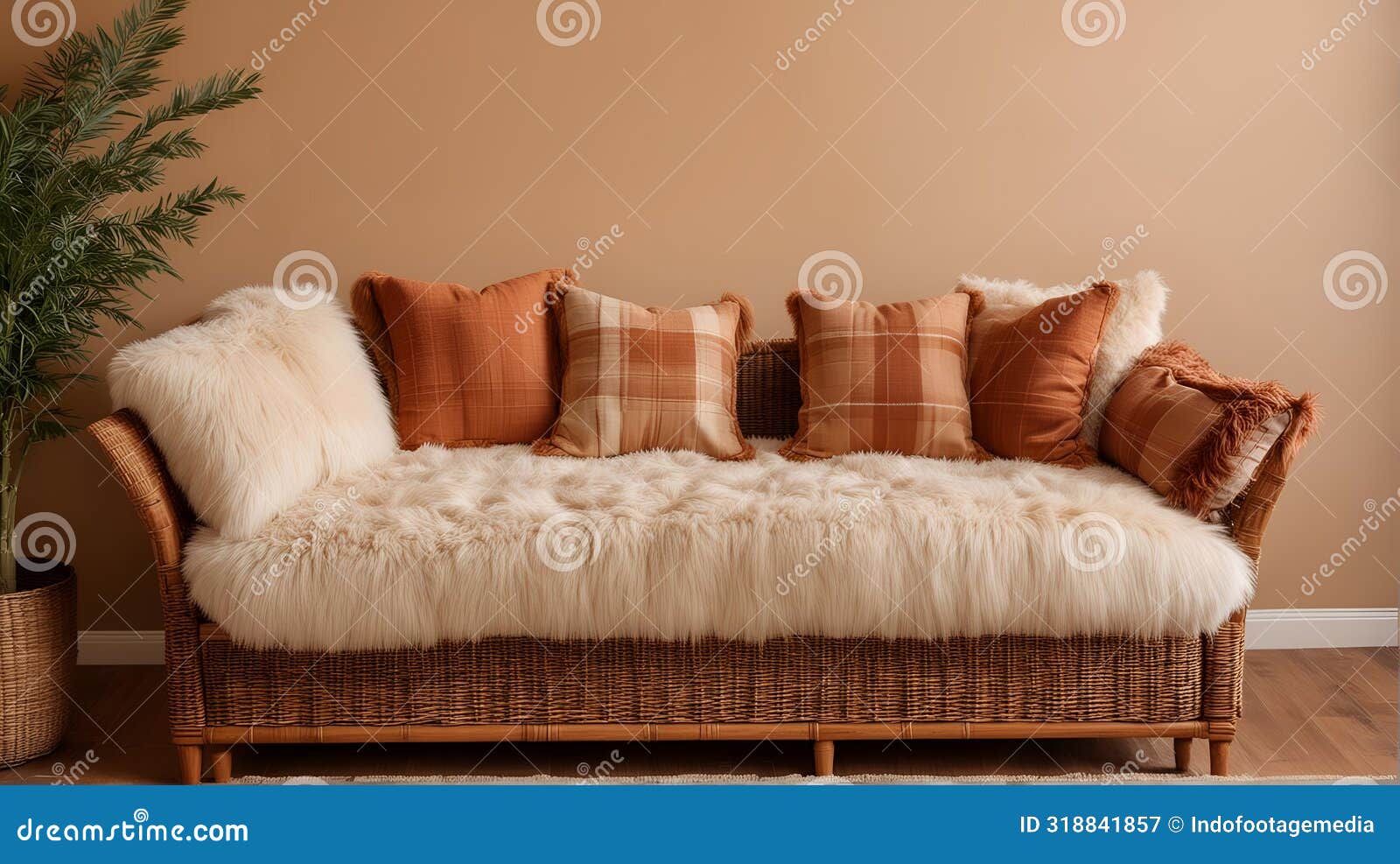 living room with lounge sofa, the terra cot-ta pillows, and the fur plaid. low angle