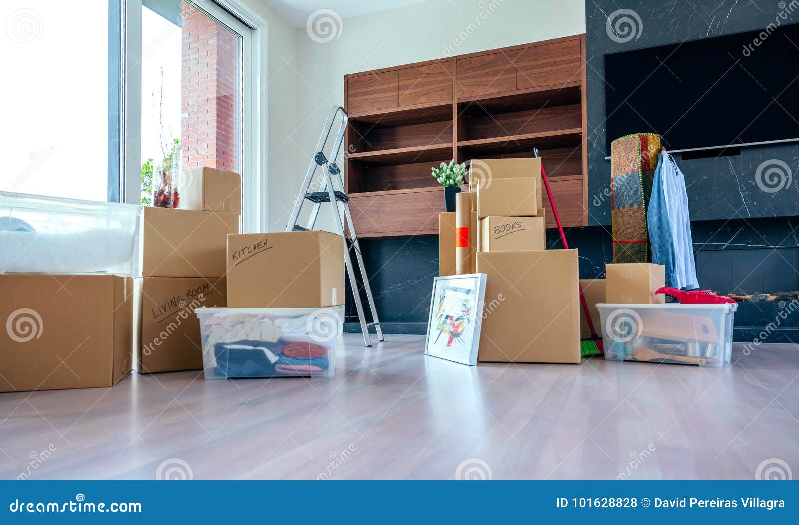 Living Room with Moving Boxes Stock Photo Image of broom, ladder 101628828