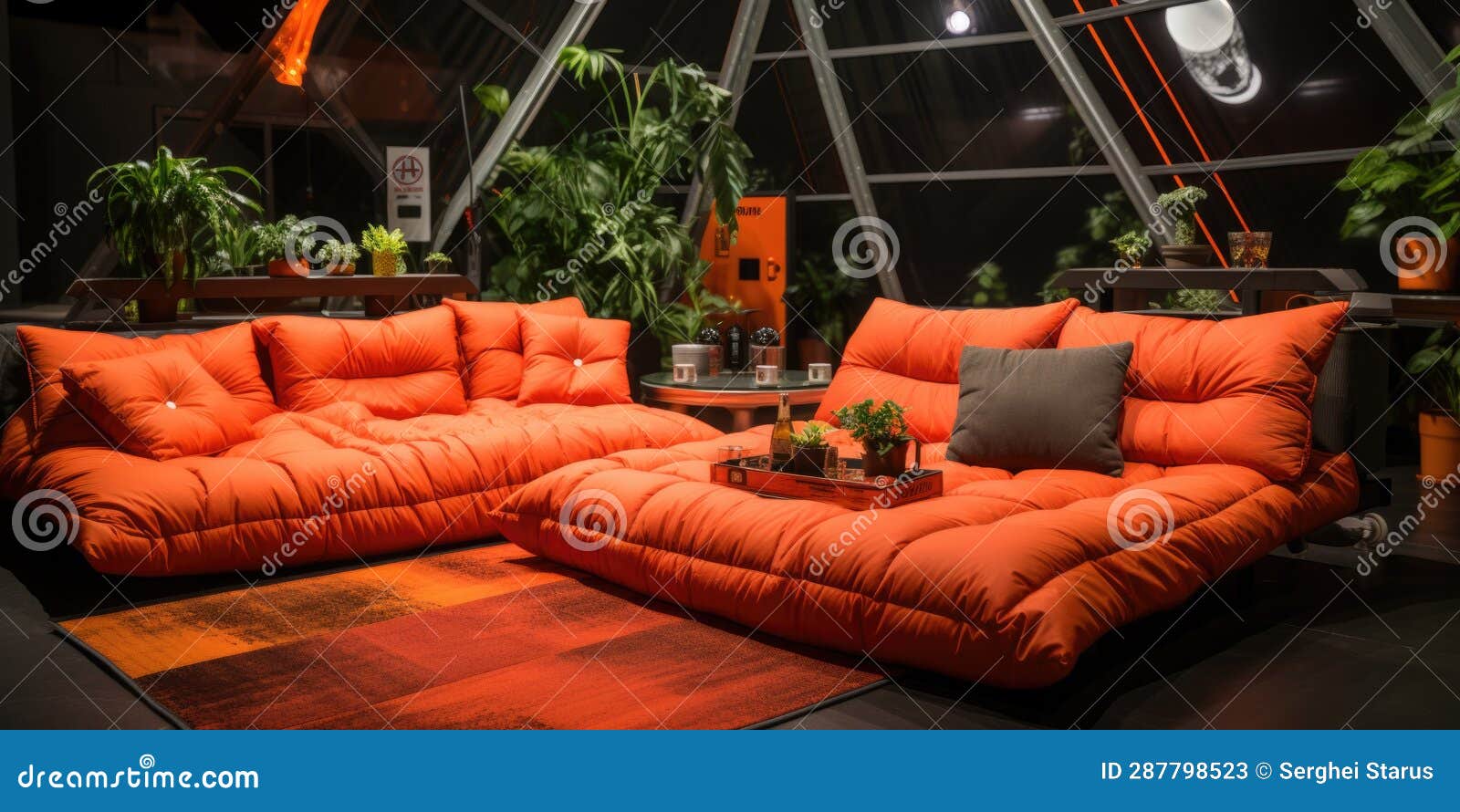 A Living Room with an Orange Couch and a Coffee Table. Generative AI