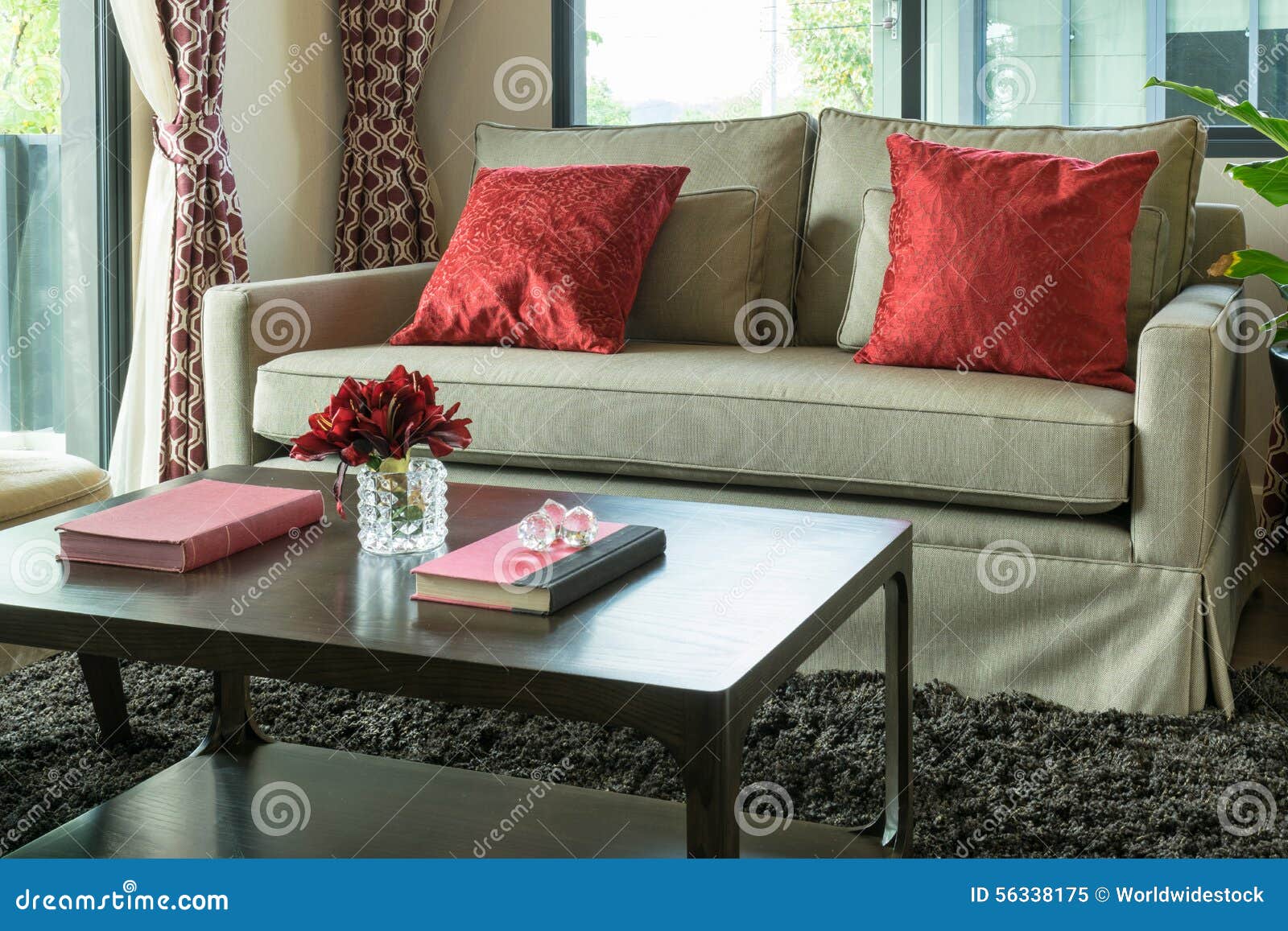 Living Room with Red Pillows on Sofa Stock Image - Image of elegance ...