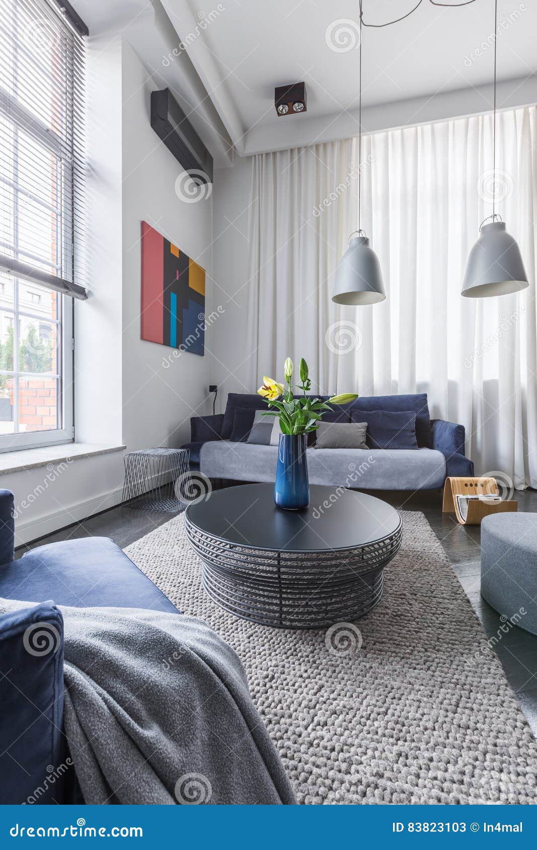 Living Room with Round Table Stock Image - Image of pendant, living ...