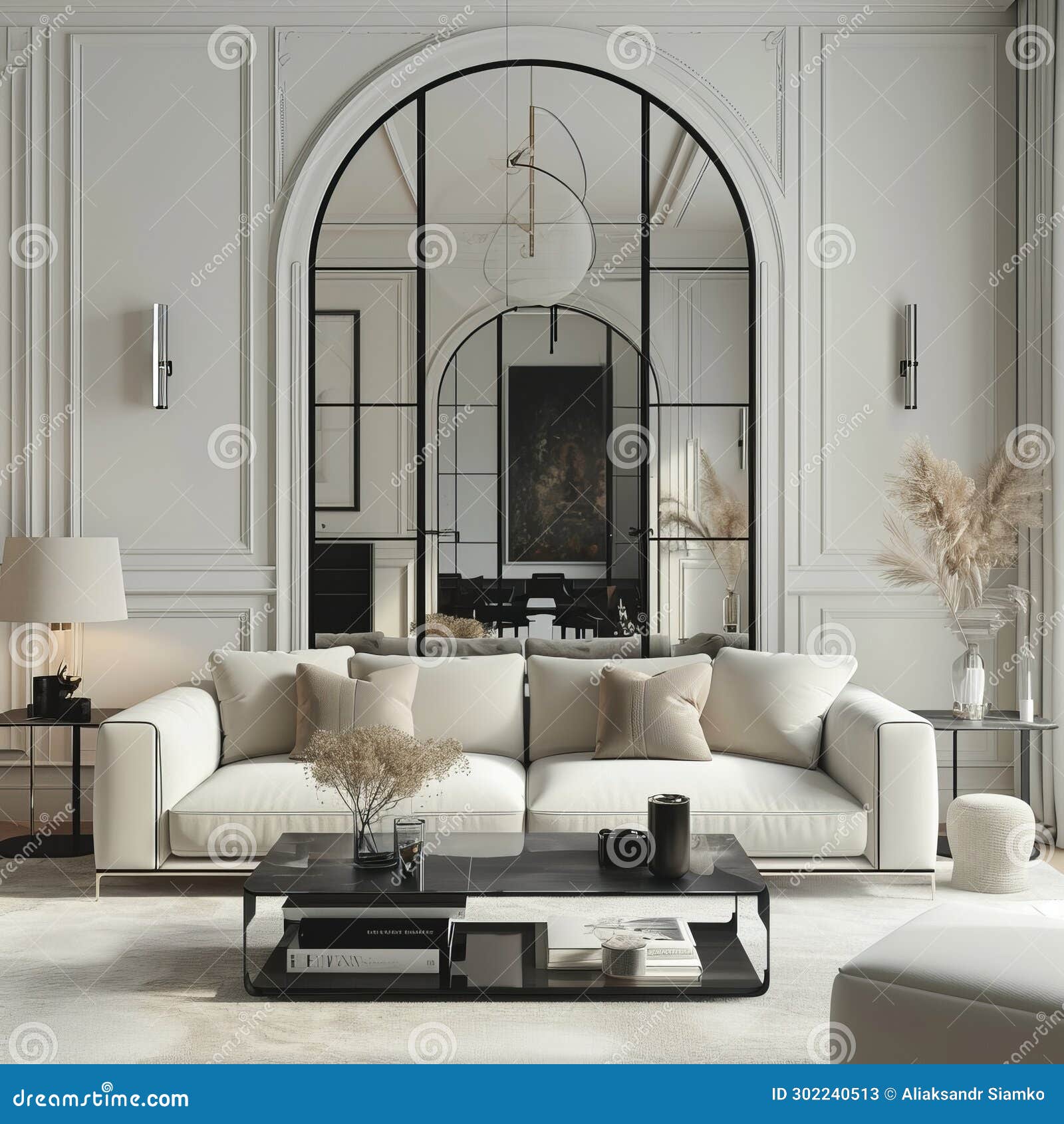 A Living Room with a White Couch and a Black Coffee Table Stock Image Image of decor, chair