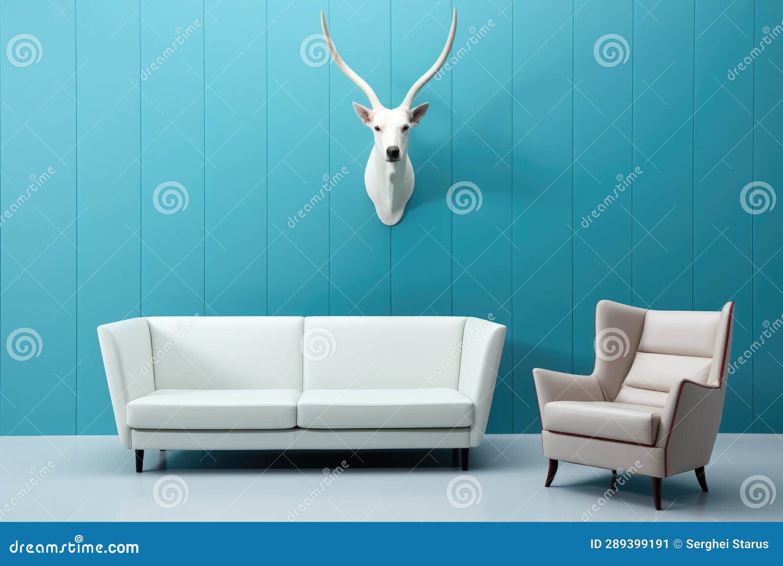 A Living Room with a White Couch and a Deer Head Mounted on the Wall