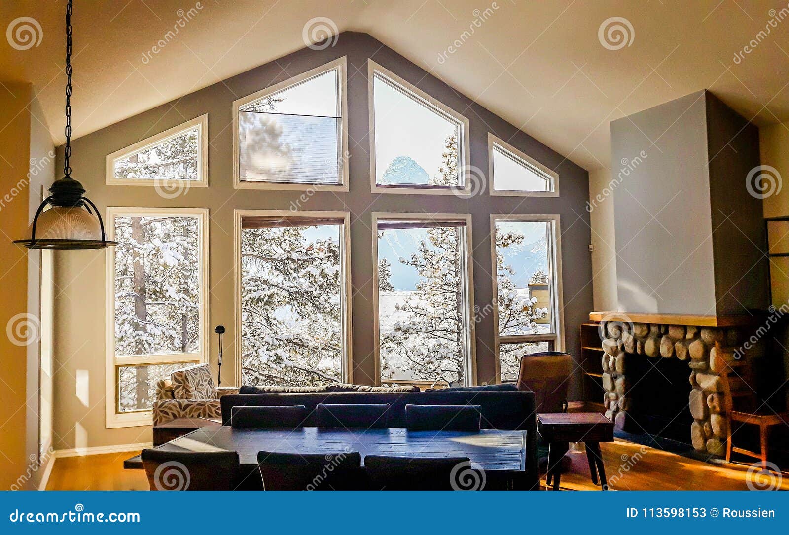 Living Room With Wide Big Windows Typical For Mountain Style In Canada Stock Image Image Of Apartment Furniture 113598153