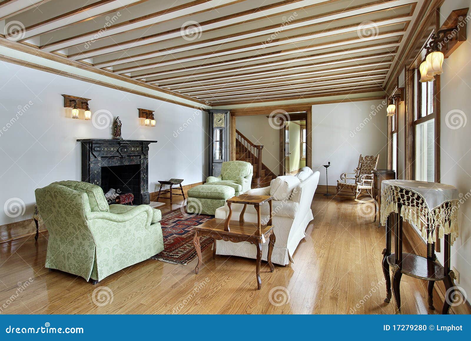 Living Room with Wood Trimmed Ceiling Stock Photo Image of ottoman
