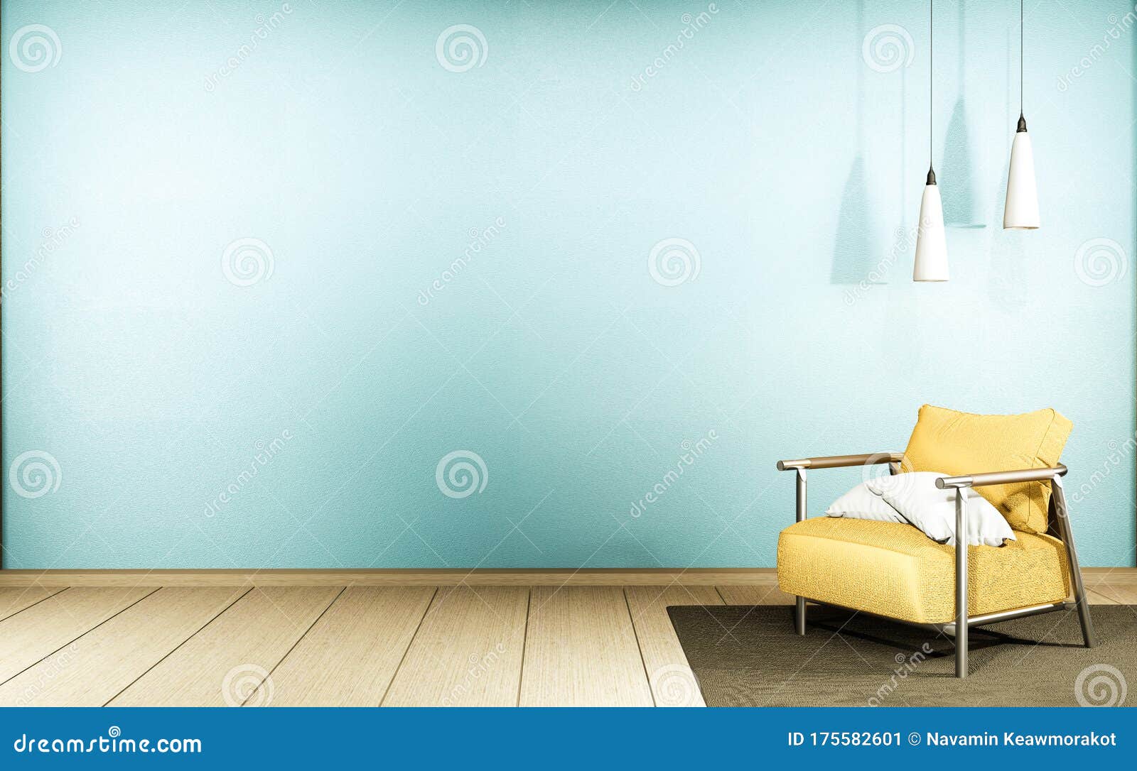 Room Living Room with Yellow Sofa and Decor on Mint Wall Background, 3D  Rendering Stock Illustration - Illustration of home, apartment: 175582601