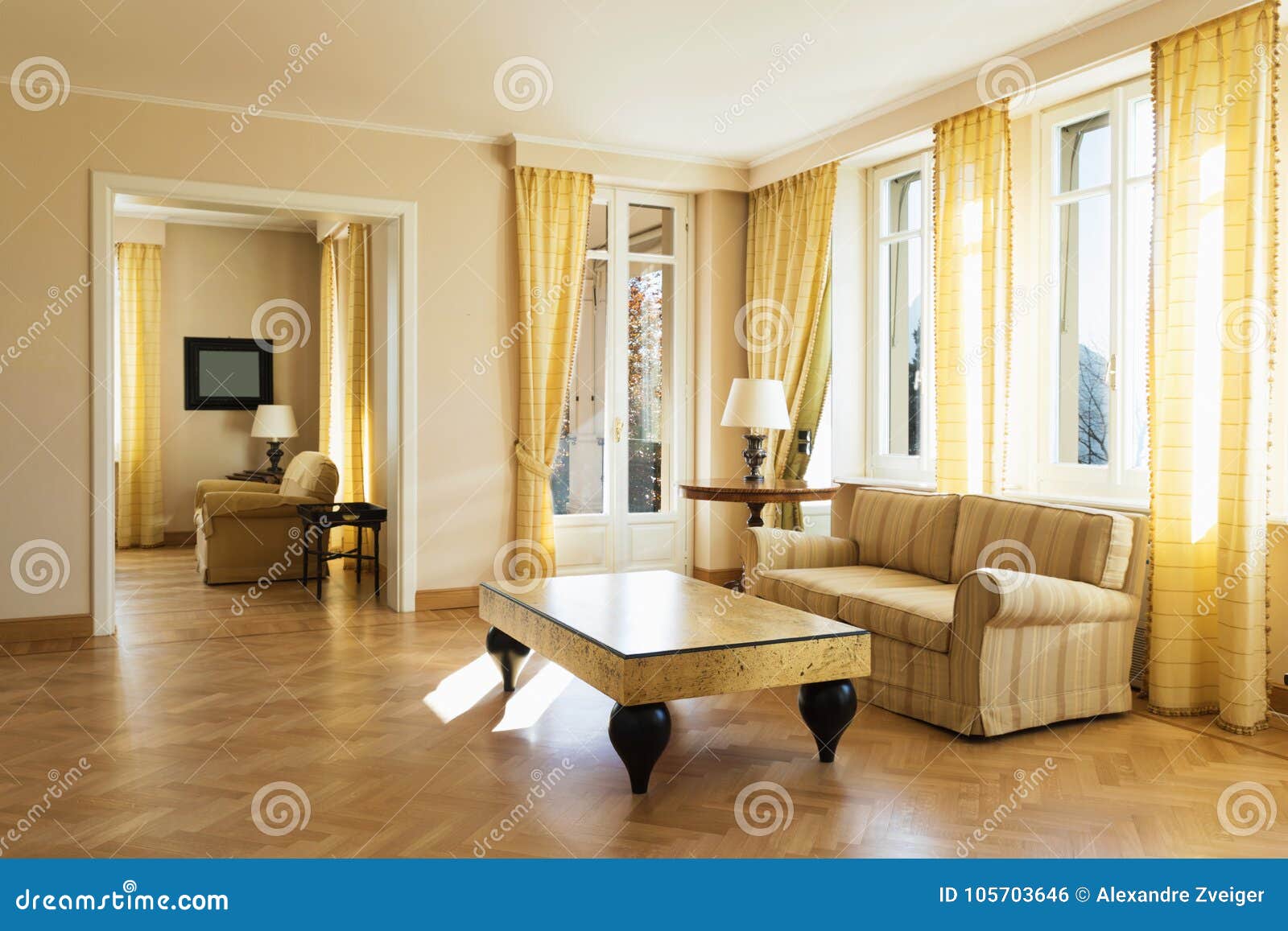 Yellow Living Room Furnished Chich Stock Photo Image Of Curtain