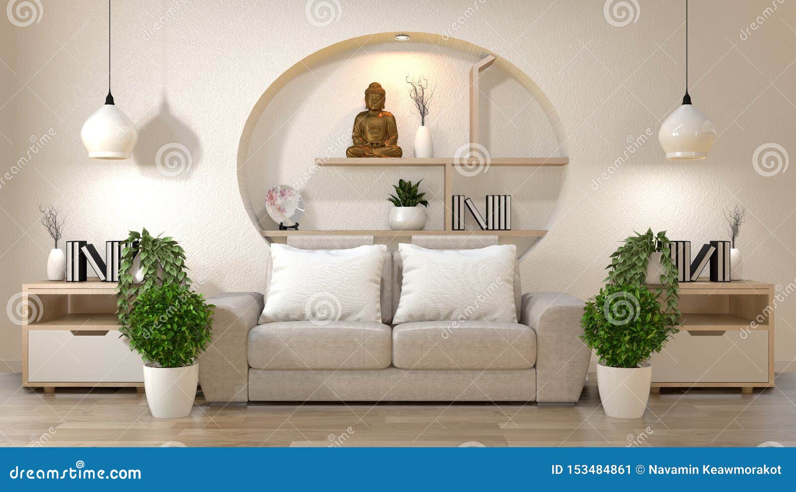 Living Room Zen Interior Decoration on Shelf Wall Mock Up with Sofa and ...