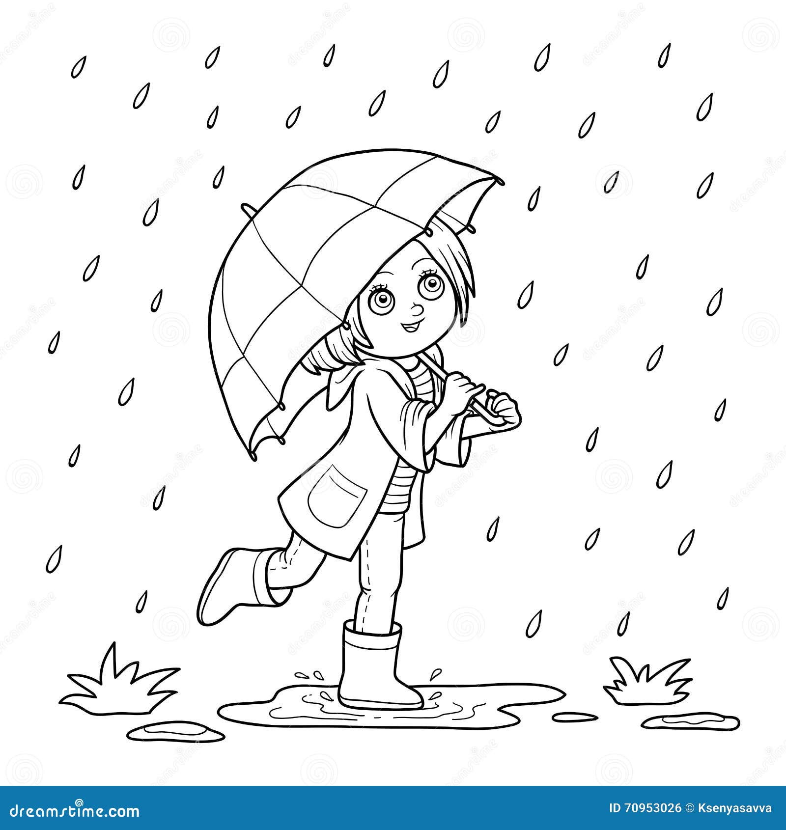 livre de coloration fille courant avec un parapluie sous la pluie