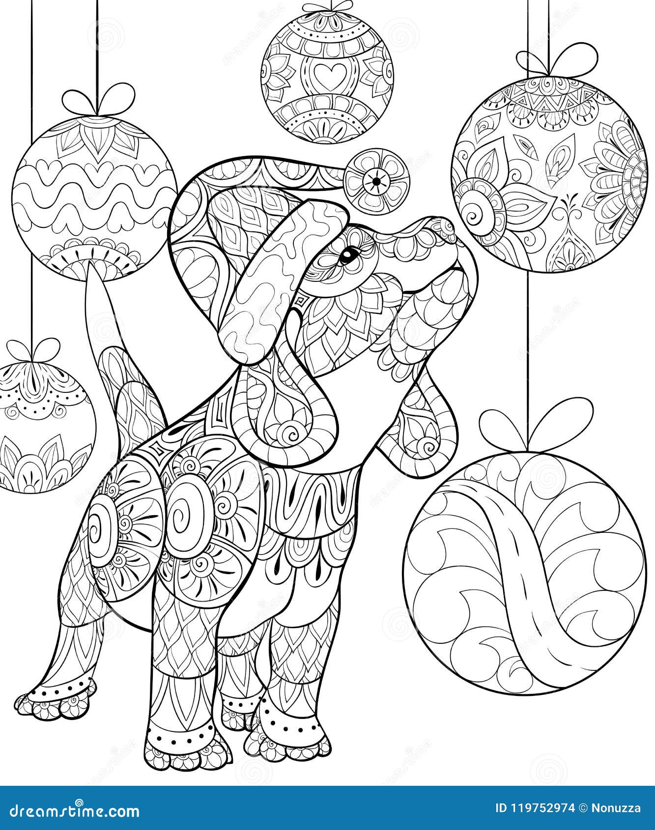 livre de coloriage adulte paginent un chapeau port mignon noël petit chien sur le fond avec des boules décoration pour la image