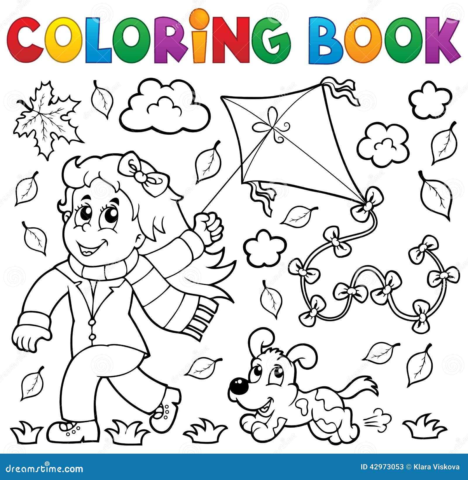 Livre De Coloriage Avec La Fille Et Le Cerf volant Illustration de Vecteur